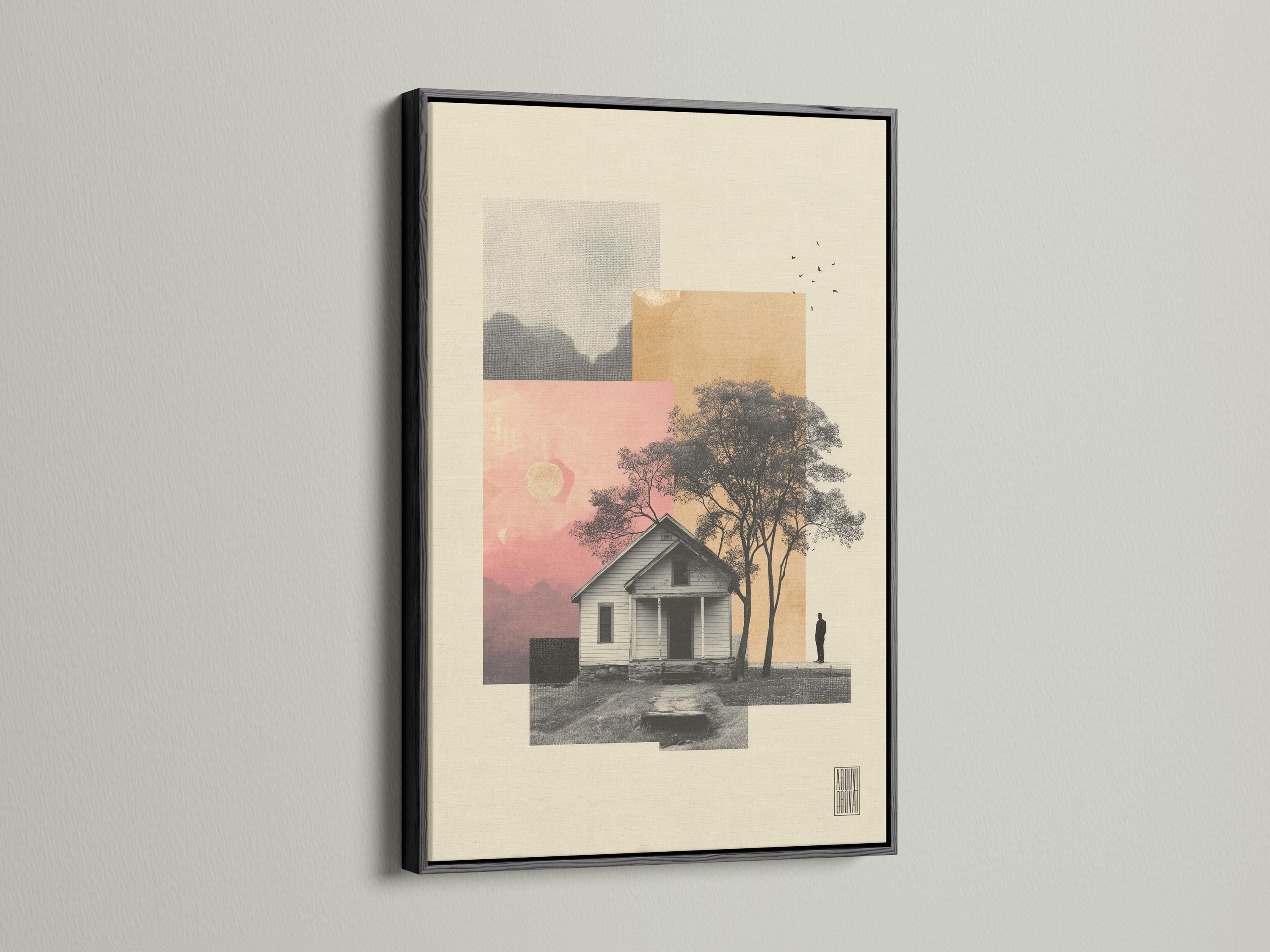 Portrait framed artwork mockup showing a small house and tree silhouettes on beige and pink layered background