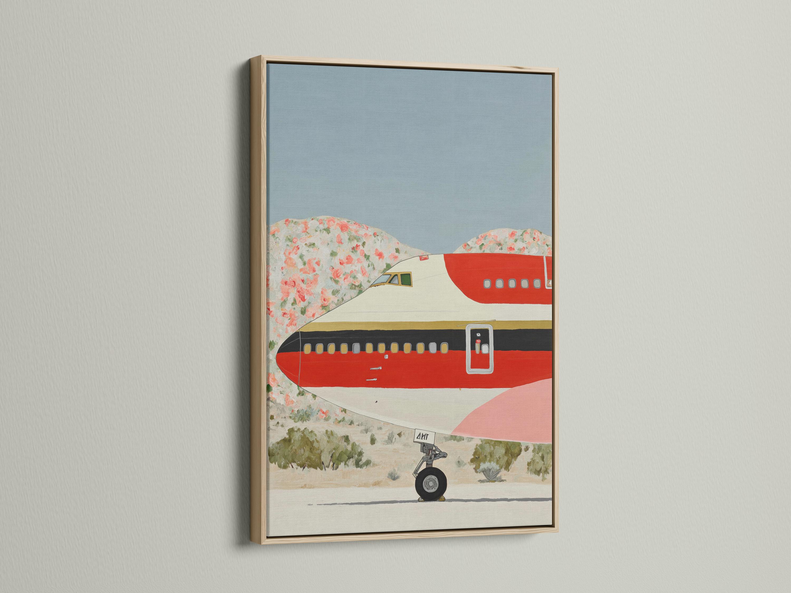 Red retro airplane illustration over a pastel landscape with floral details detail view