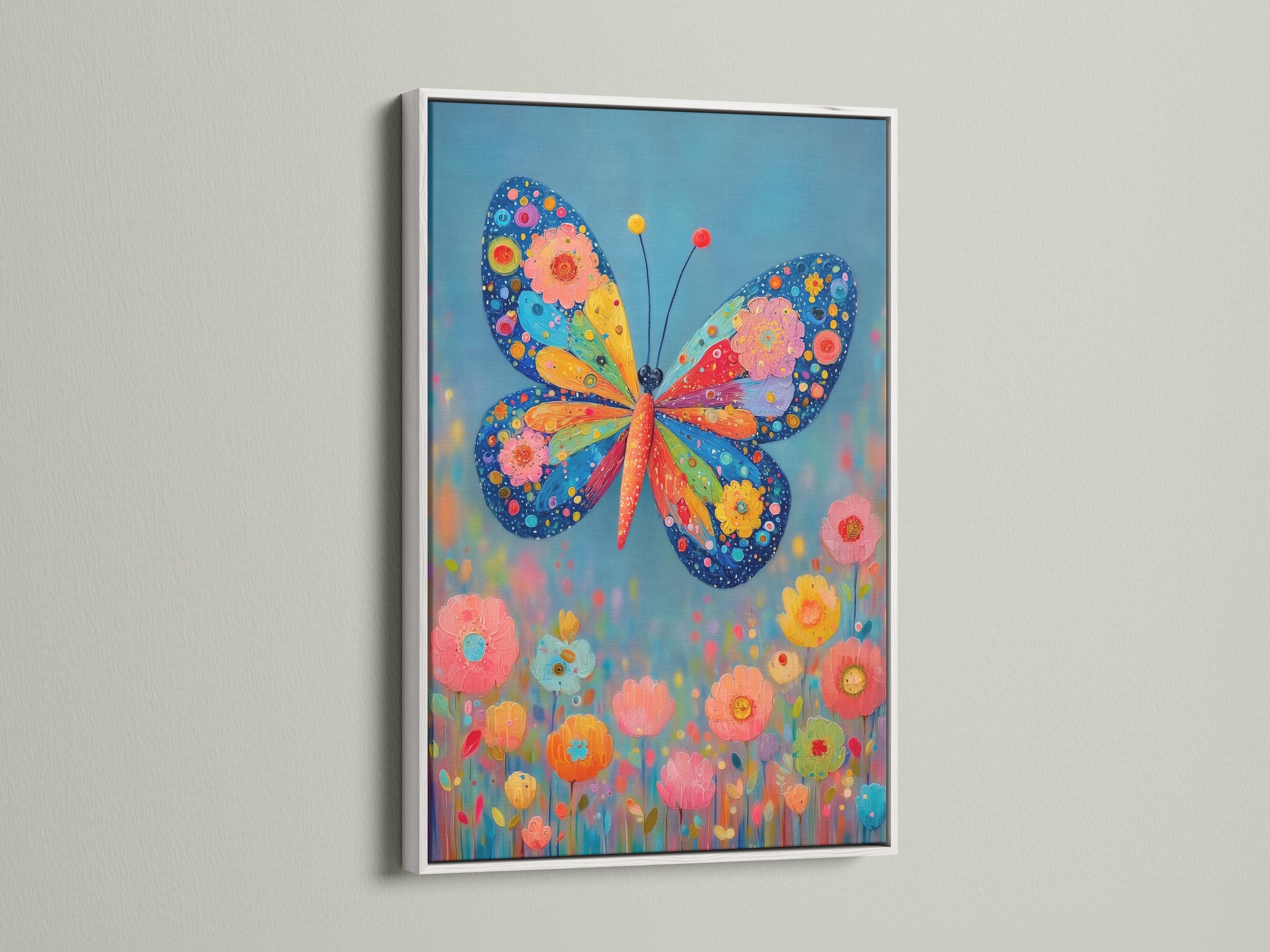 A bright stylised butterfly with patterned wings over colourful flowers on a blue background detail view
