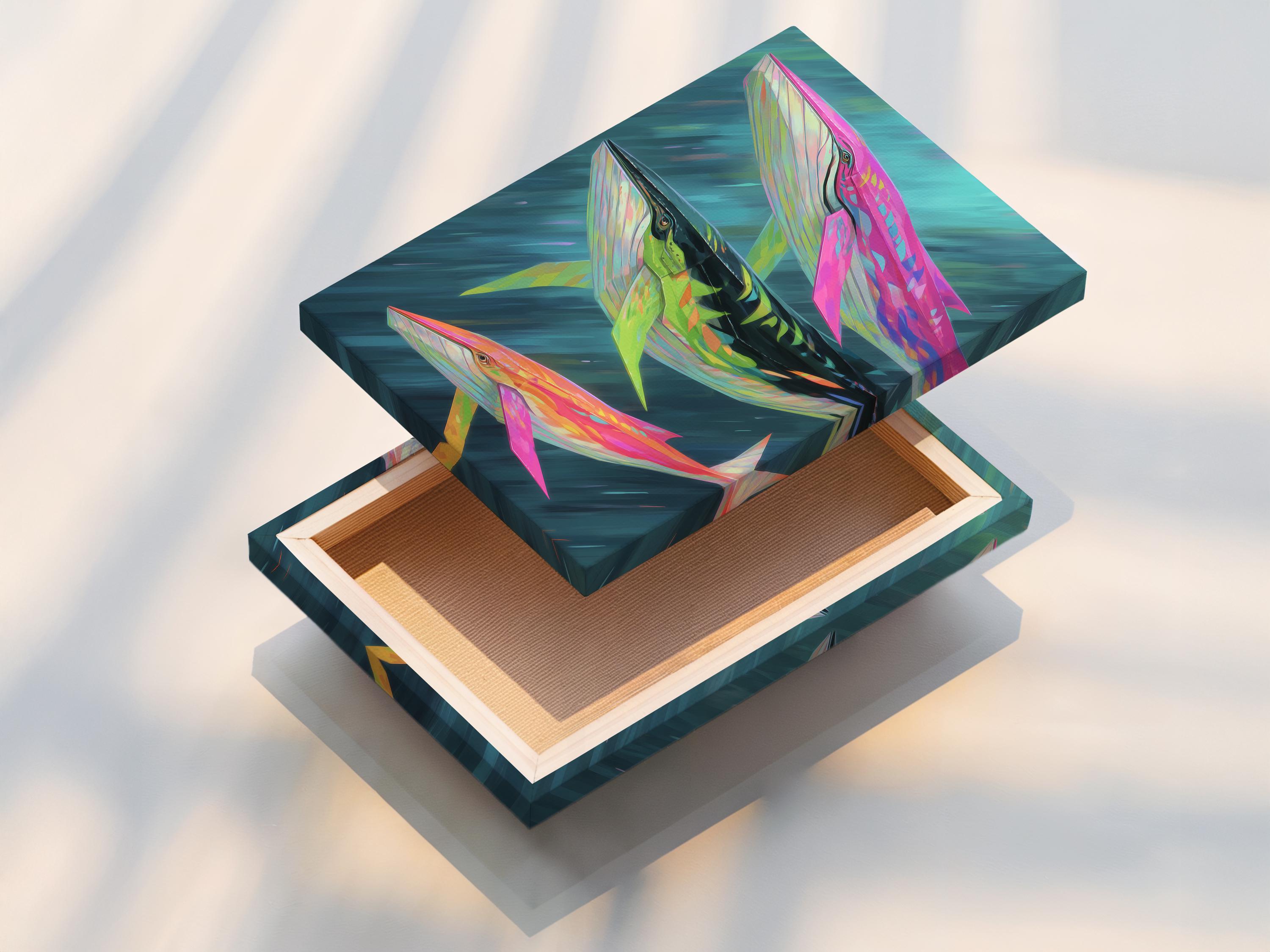 Artwork mockup showing a framed whale ocean illustration on a light background with colour variants