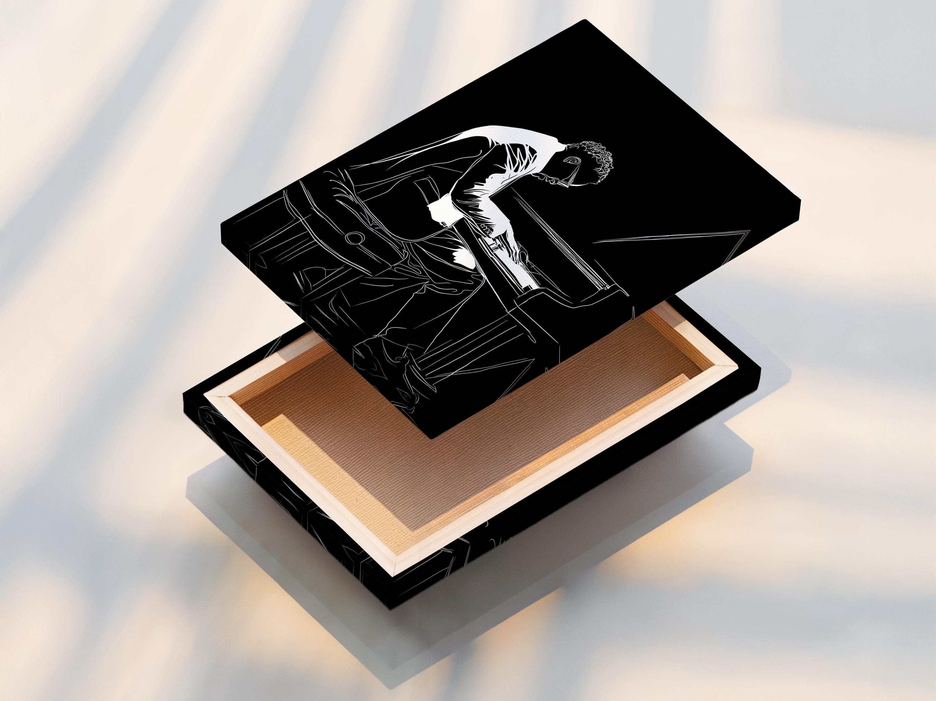 Black and white line drawing of a pianist playing an upright piano detail view