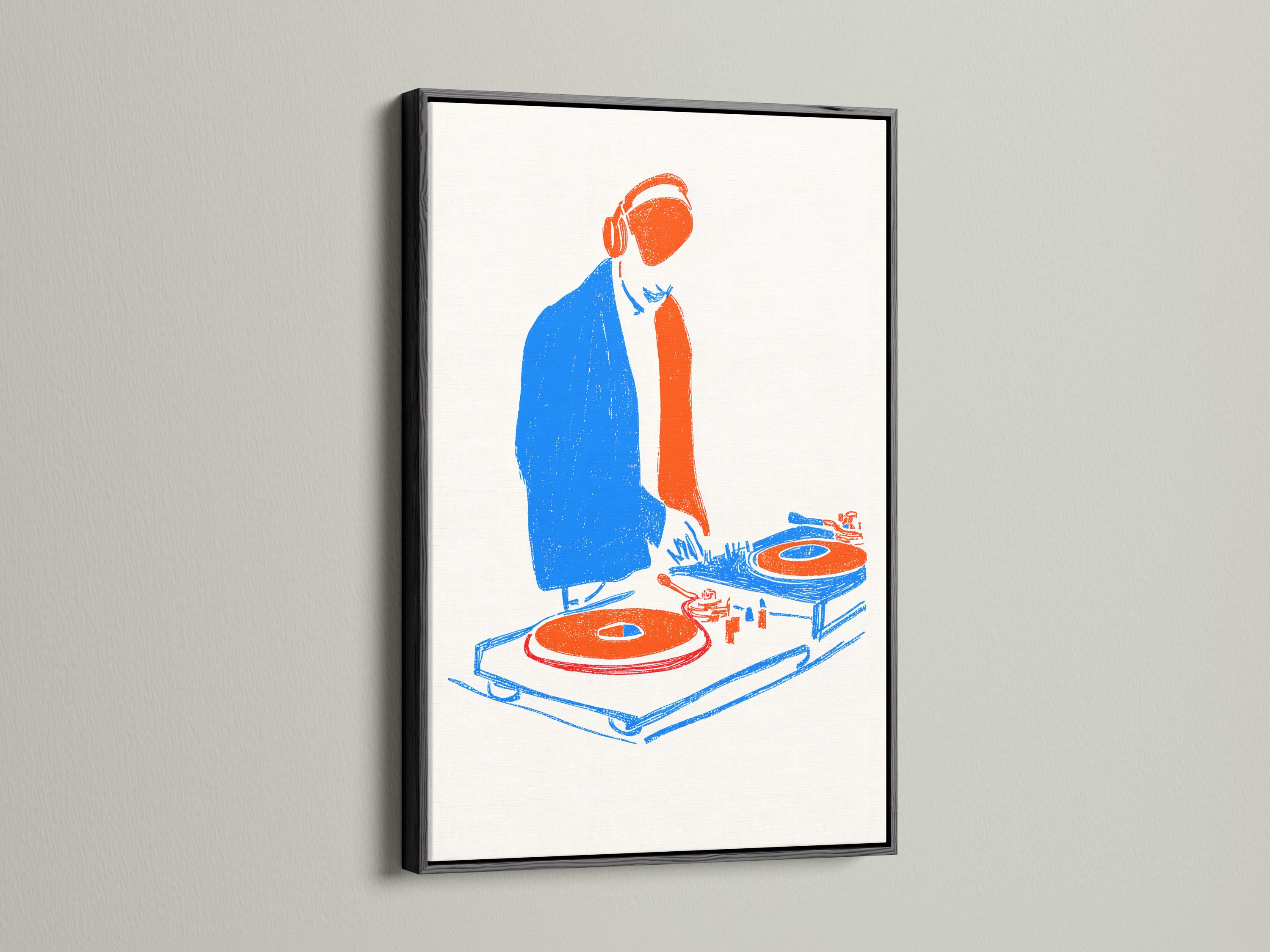 Room mockup showing a framed DJ turntable illustration in blue and orange tones