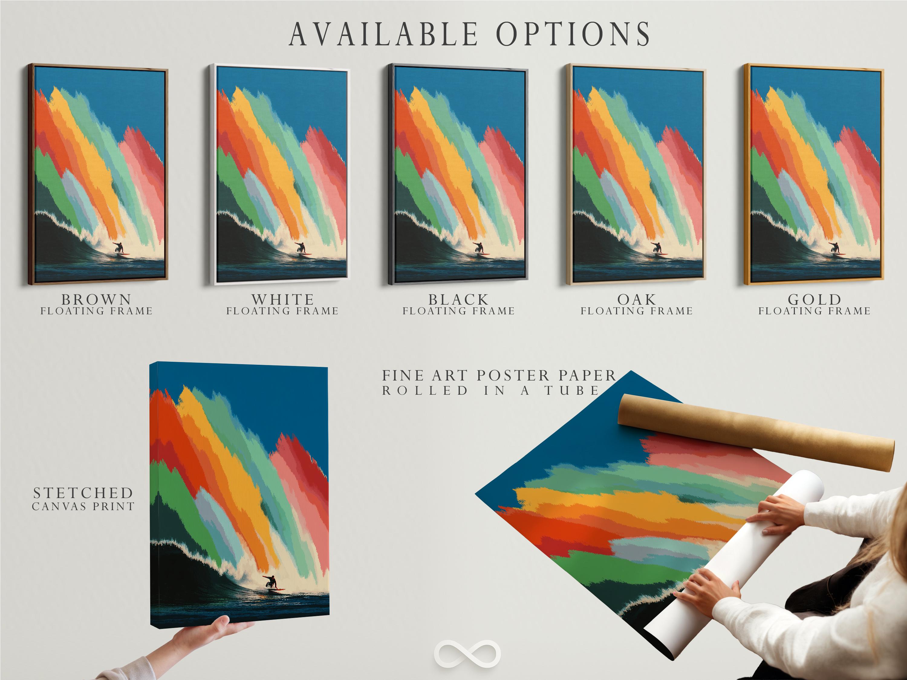 Rainbow-striped ocean wave with a surfer silhouette riding near the bottom right detail view