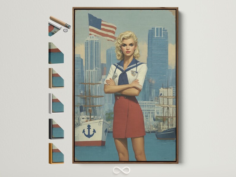 Stylised sailor-girl portrait with a waving American flag and harbour city background