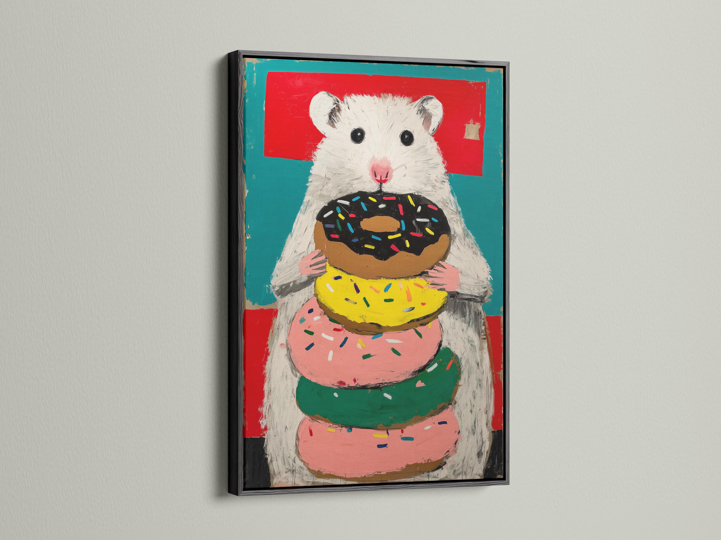 Playful hamster holding a doughnut stack with colourful sprinkles against a red and teal background detail view