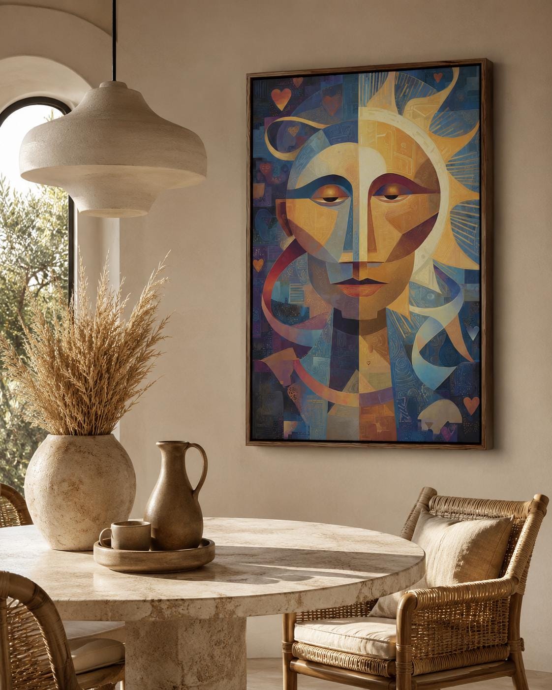 Geometric abstract face with a golden sunburst centre, blue and gold shapes, and small heart motifs detail view
