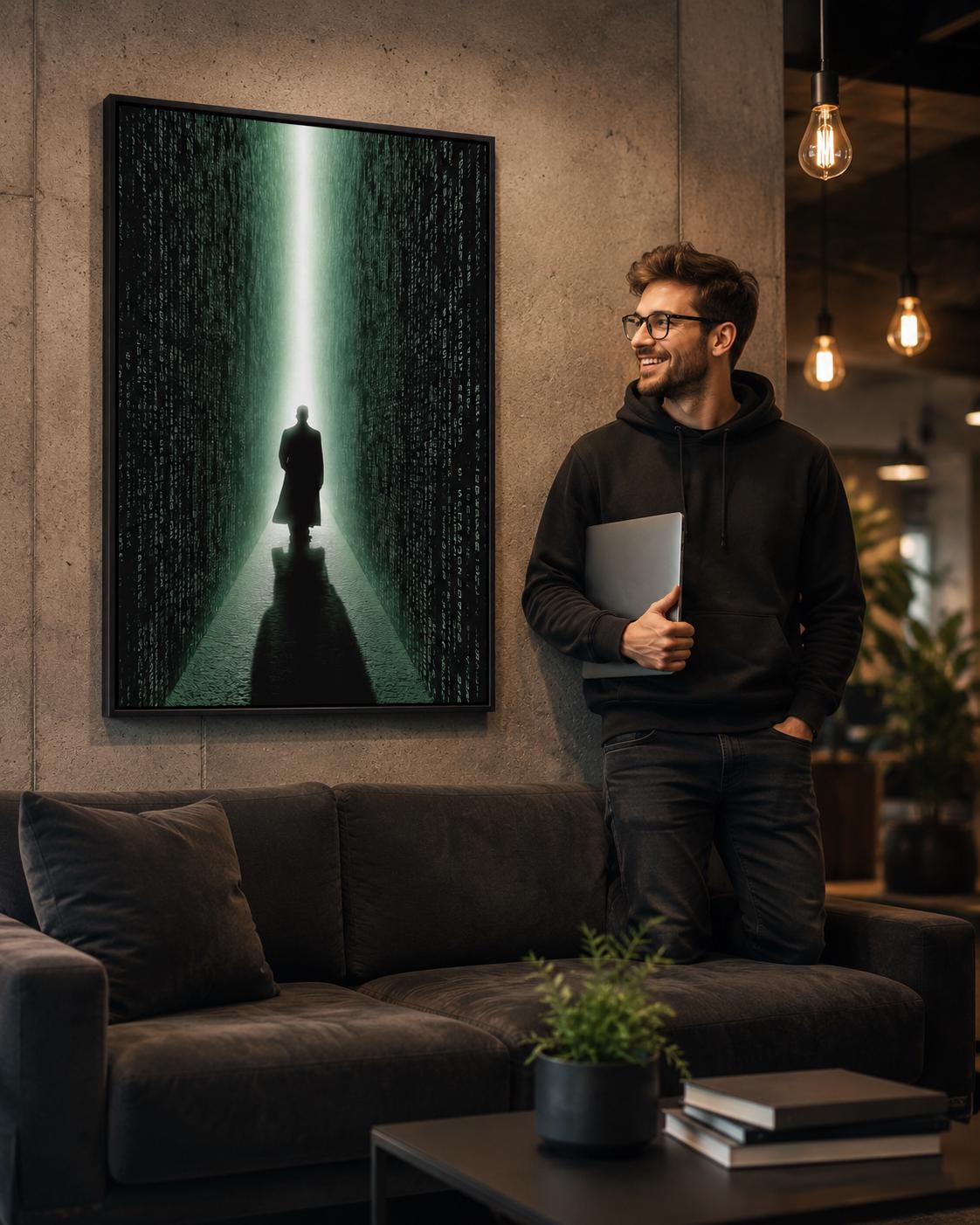Room scene showing neon green cyberpunk corridor artwork with code-like characters