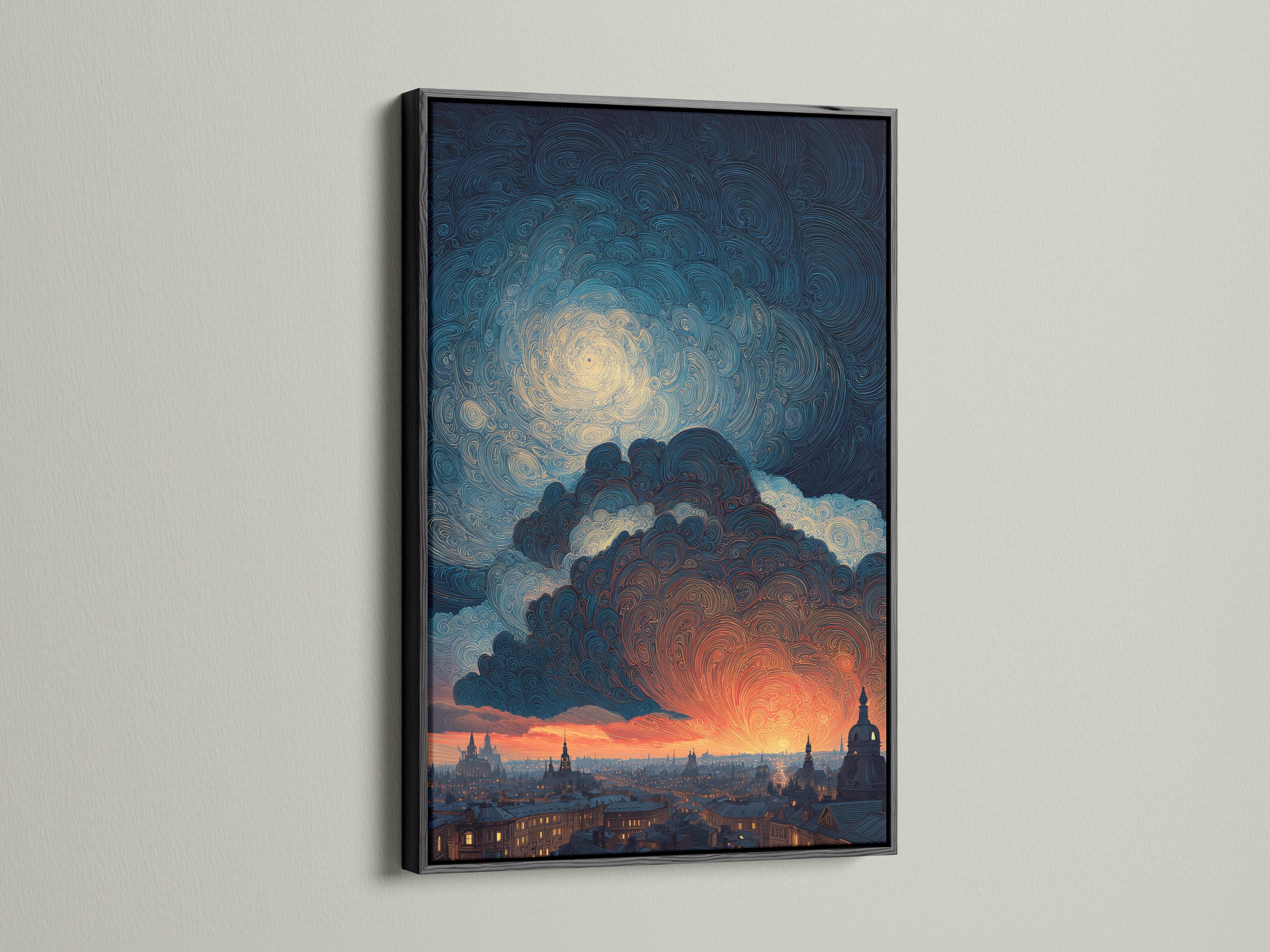 Room mockup showing framed artwork with a swirling night sky cityscape and orange sunset glow