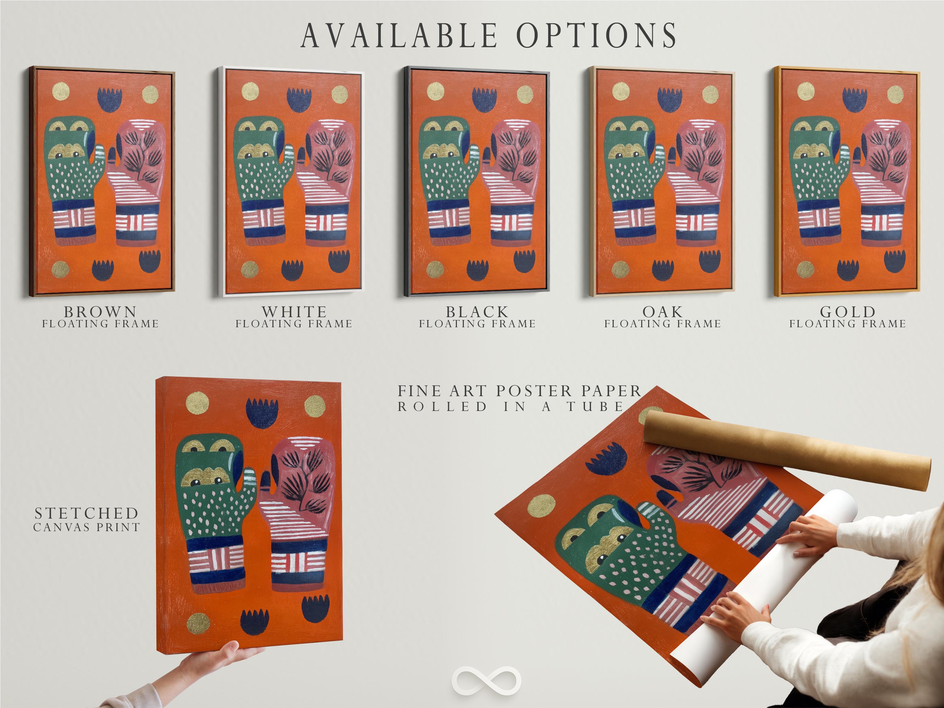 Room mockup showing orange folk art hands artwork with tree motif