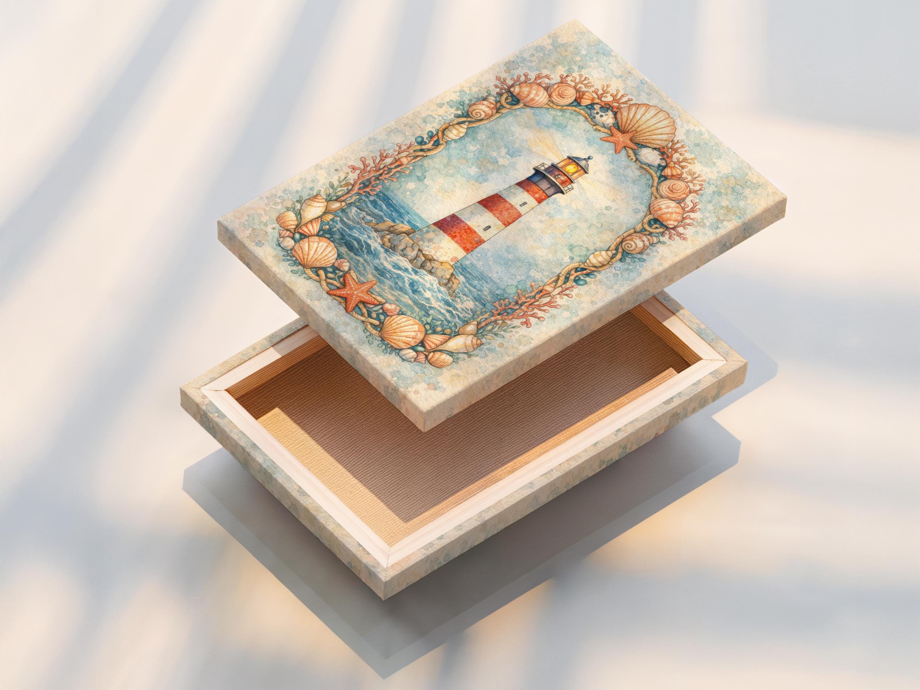 Coastal lighthouse illustration with seashells, starfish and coral-like branches framing the scene detail view