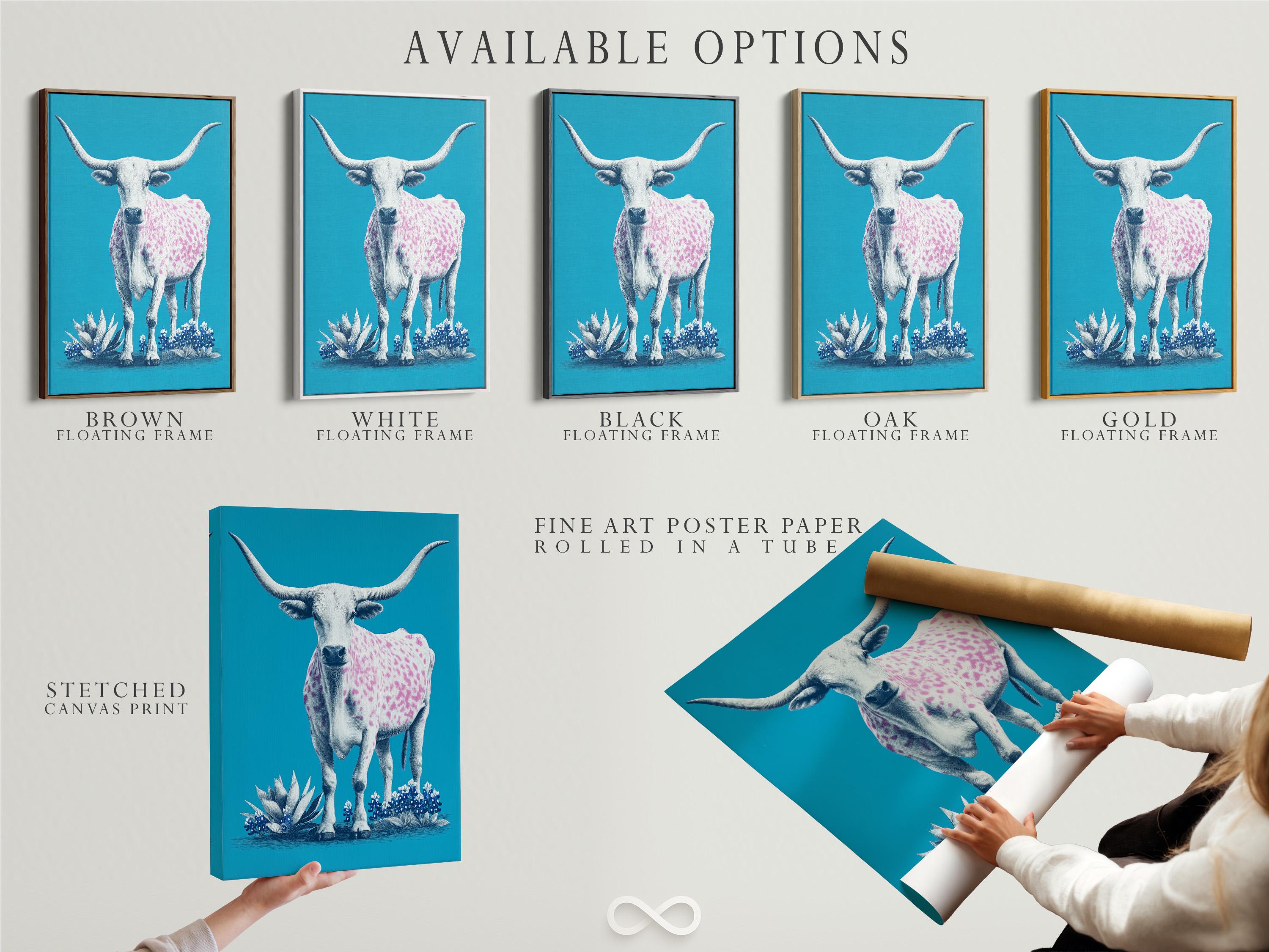 Illustration of a white longhorn cow with pink spots and blue flowers on a turquoise background detail view