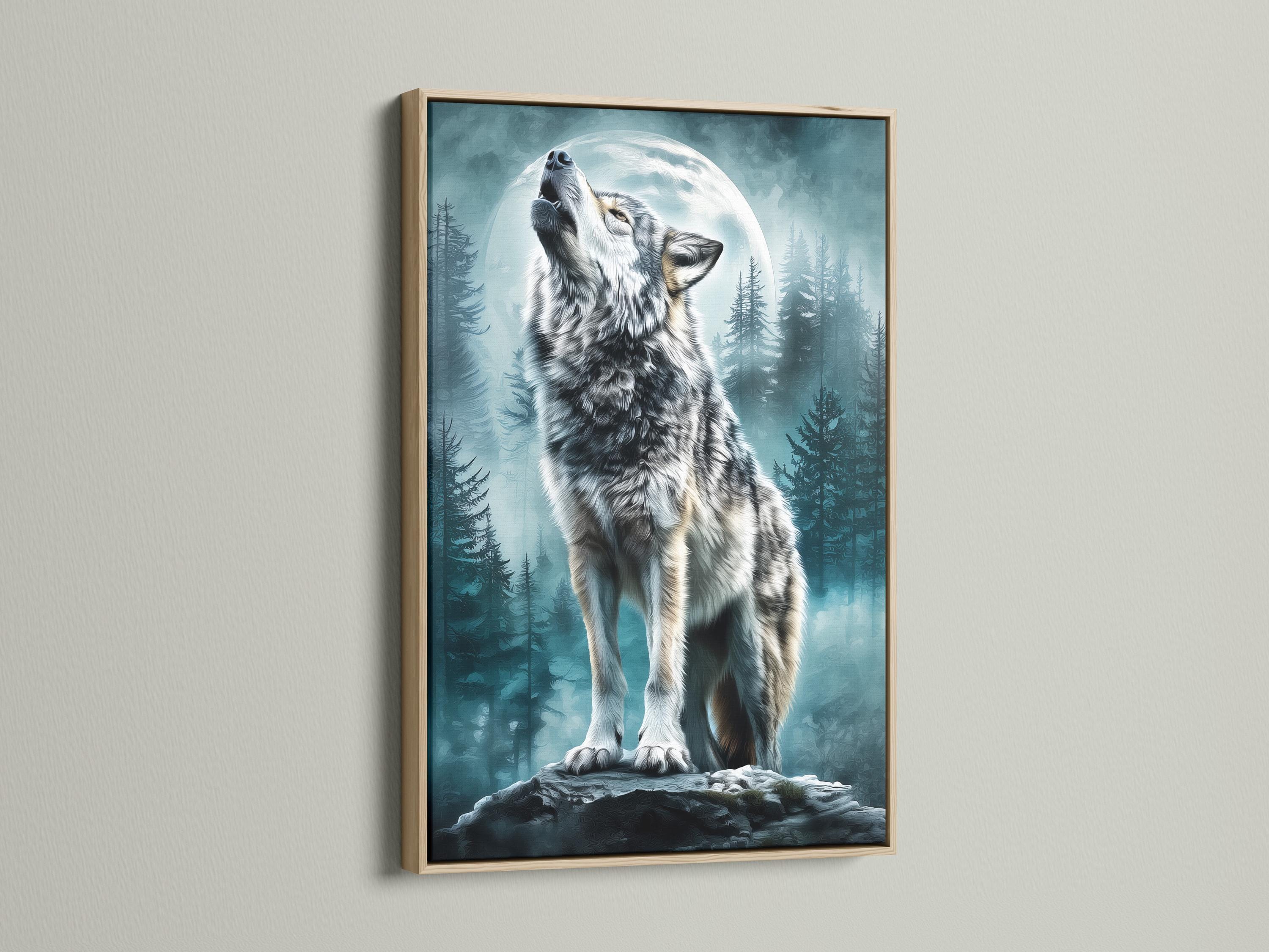 Wolf artwork mockup on a wall with teal forest and moon scene