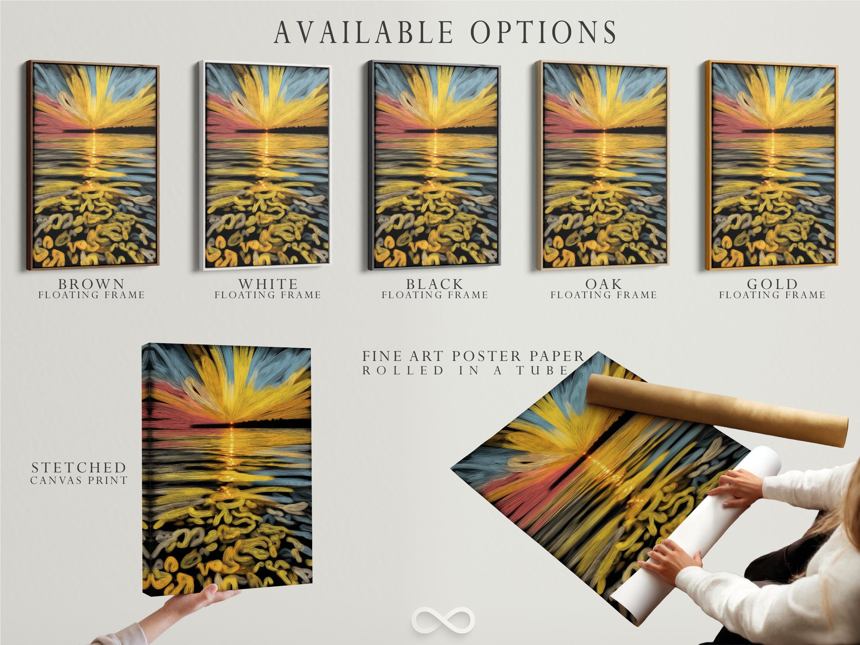 Abstract sunrise seascape with a golden sunburst over blue and peach horizon and shimmering wave reflections detail view