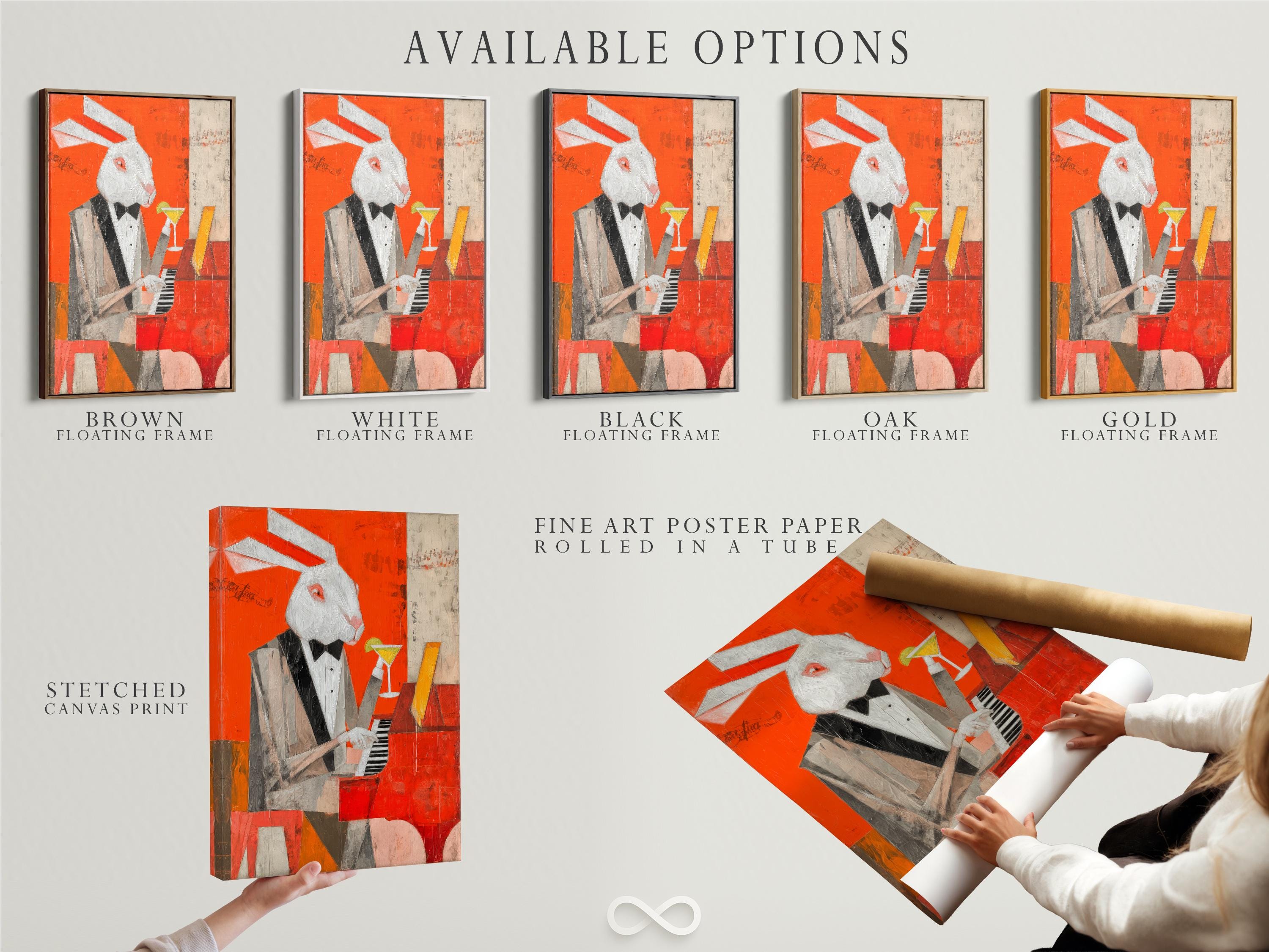 Orange artwork of a rabbit pianist holding a martini beside a piano with music notes detail view
