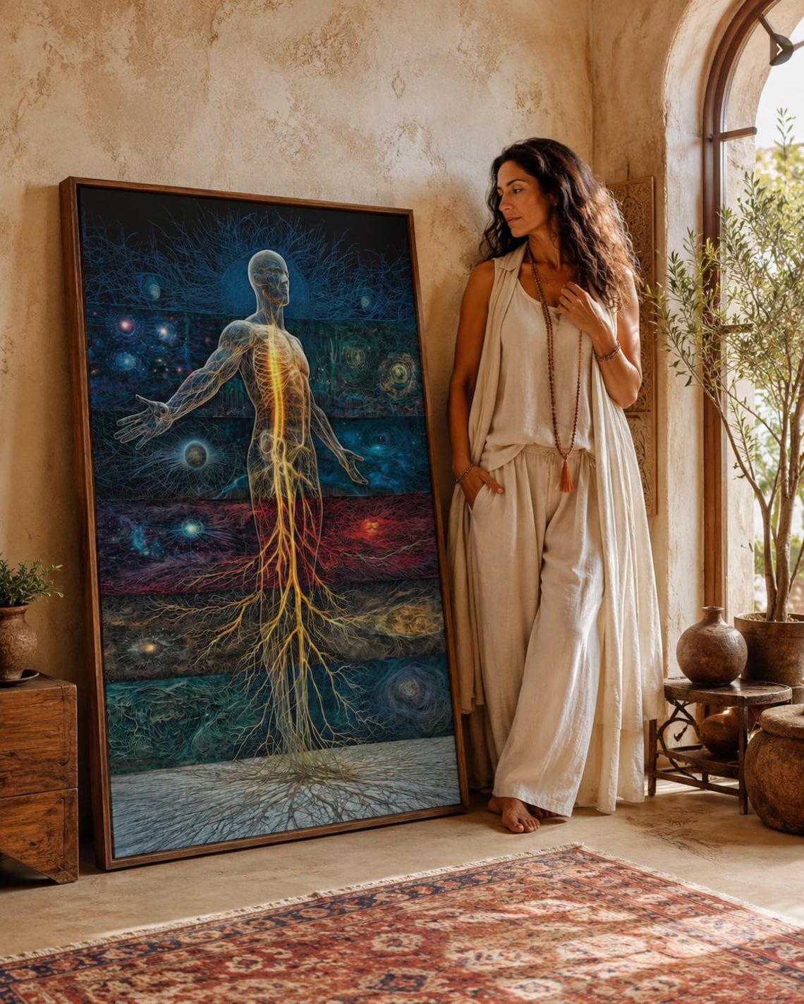 Woman standing beside a framed artwork showing a glowing energy human figure in blue, teal and red