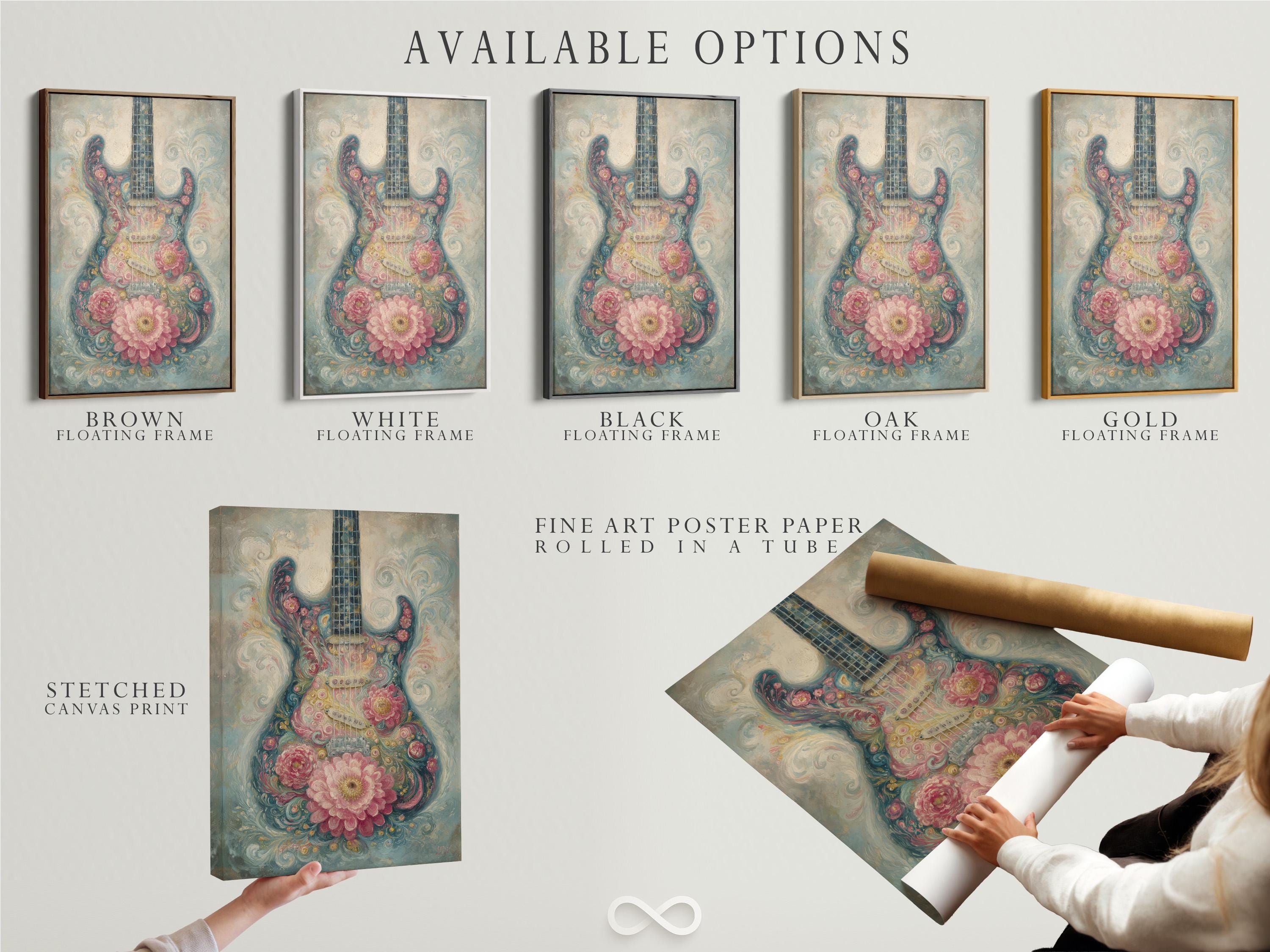 Stylised floral guitar artwork with dusty pink blossoms and teal-blue swirls detail view