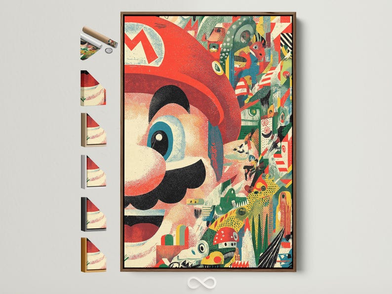 Retro gaming character collage in red and green with a large blue eye and pixel-like creatures
