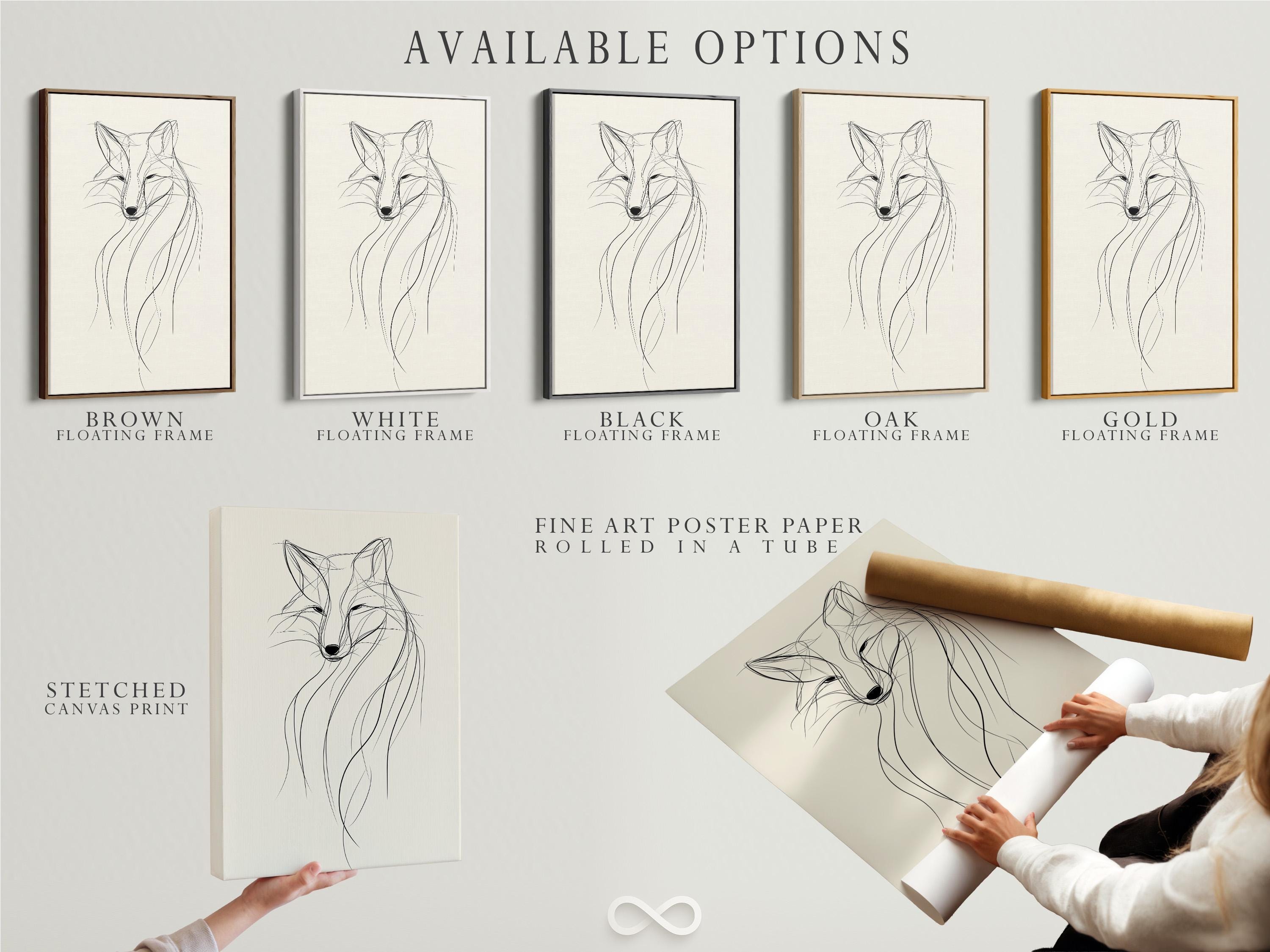 Minimalist fox line drawing in black on a warm beige background detail view