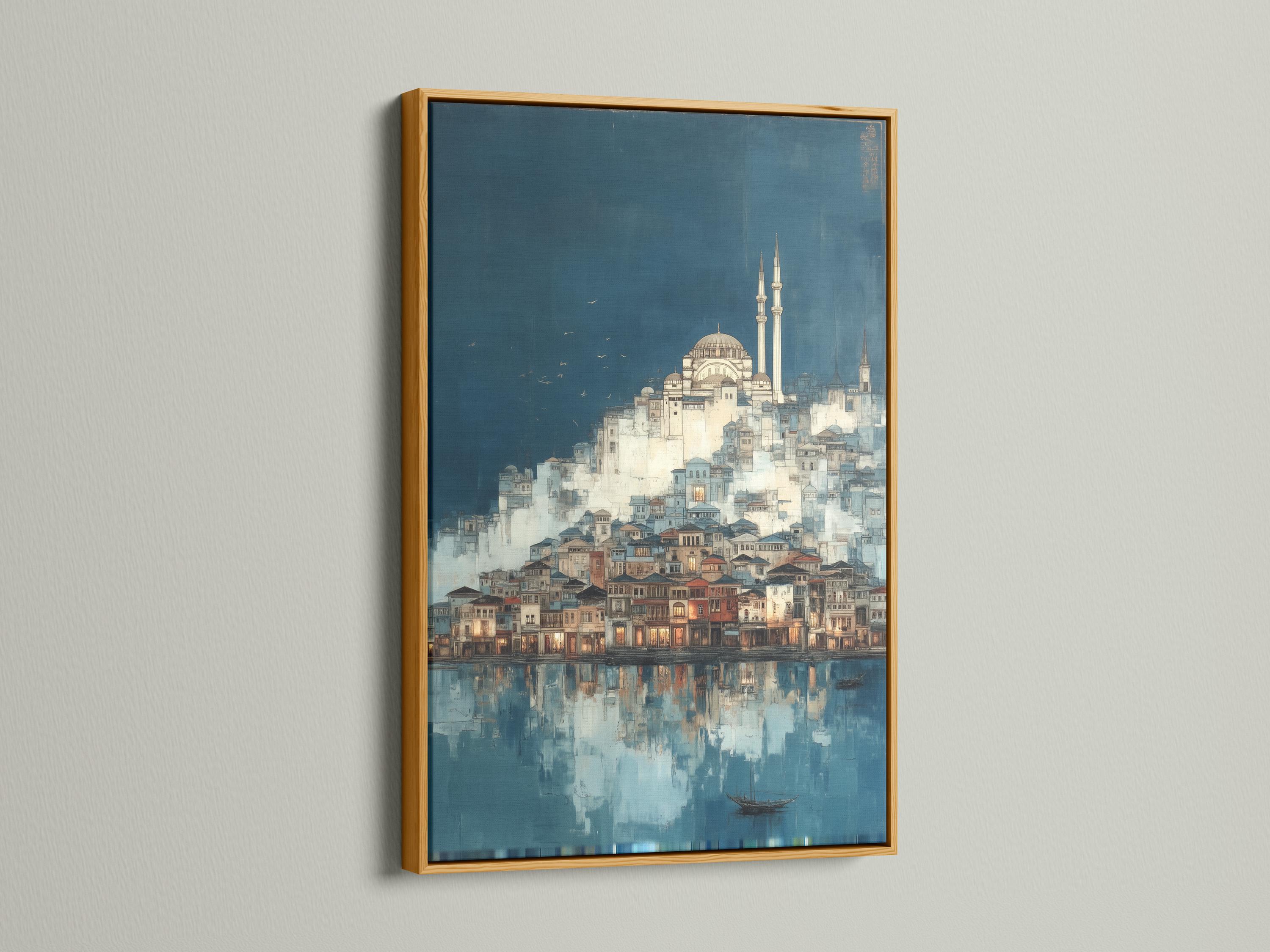 Room mockup with a framed blue cityscape mosque artwork on a wall