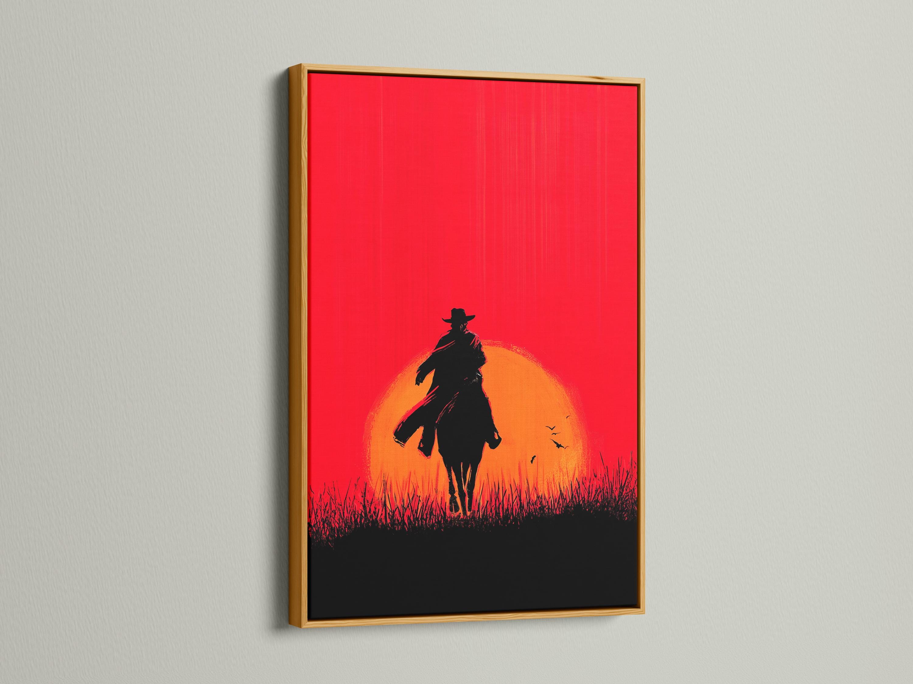 A framed artwork mockup showing a cowboy and horse silhouette at sunset against a red sky