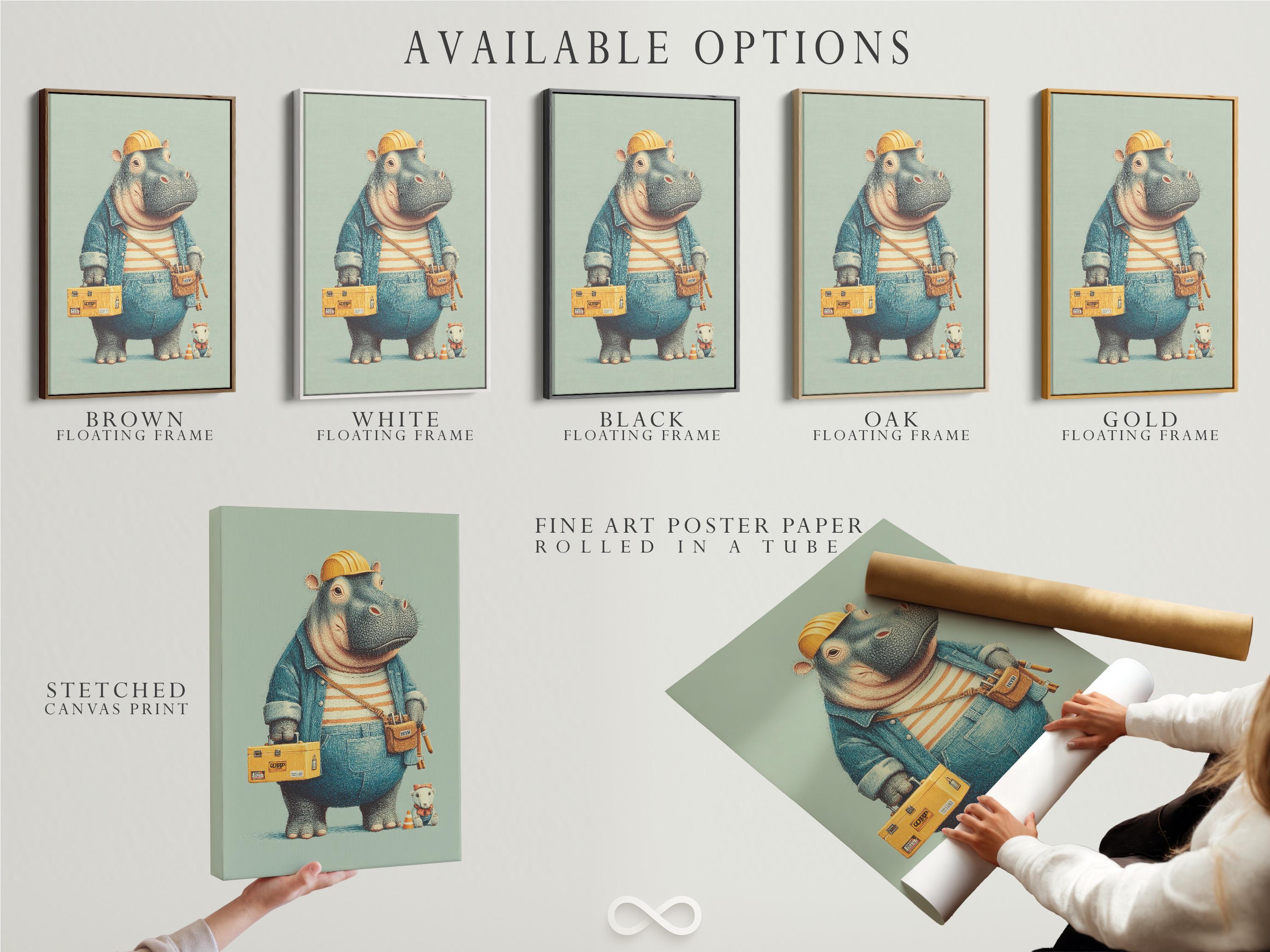 A family sitting on a bed looking at a framed hippo builder artwork above a shelf