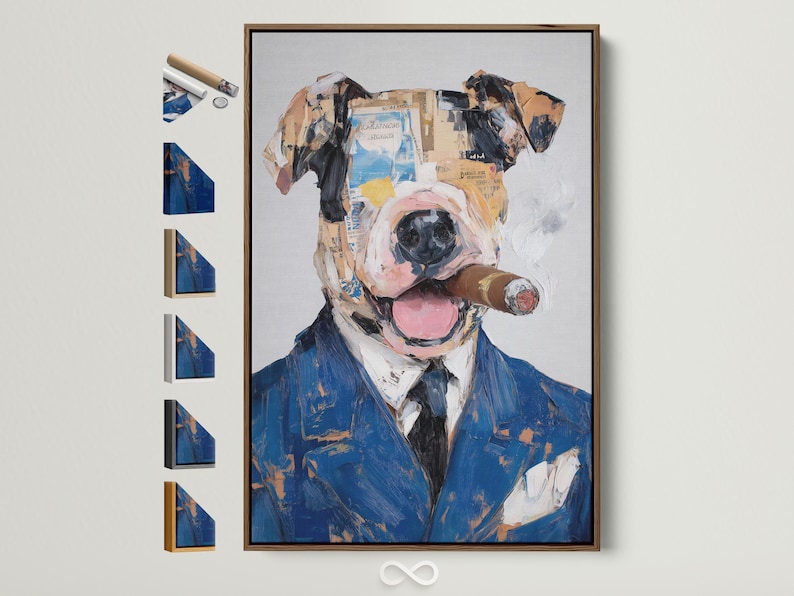 Stylised dog portrait in a blue suit with painterly collage-like texture