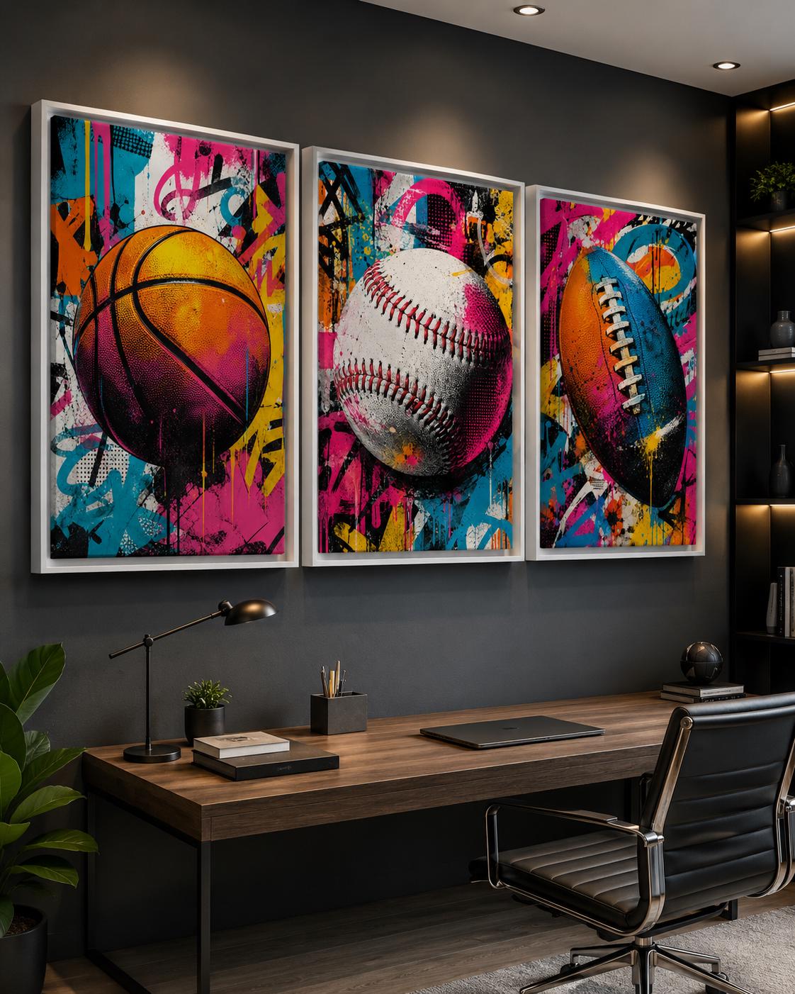 Three-panel pop art sports set showing a basketball, baseball and football with “POP ART SPORTS” text detail view