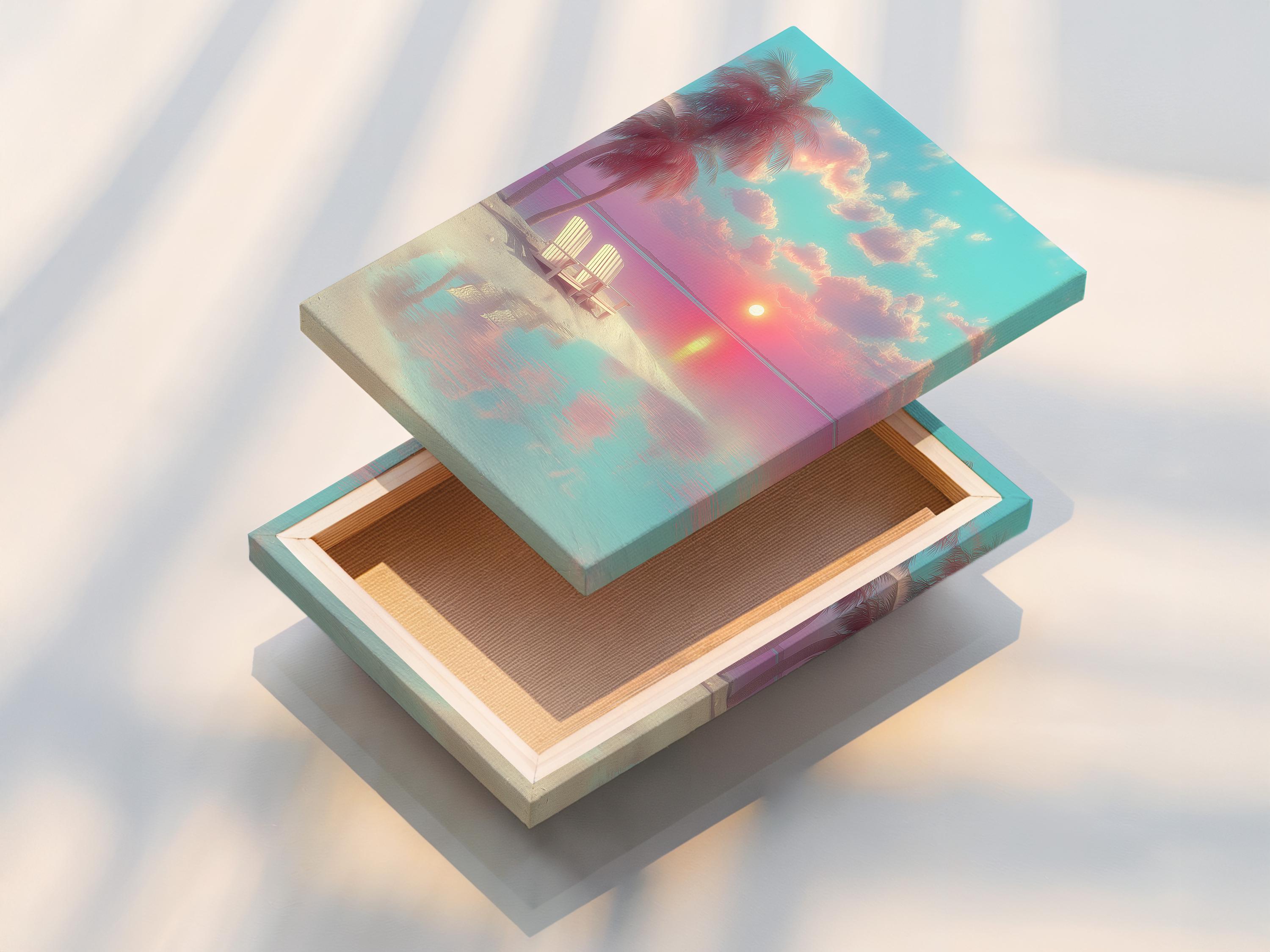 Room mockup showing beach sunset artwork in a framed seascape design