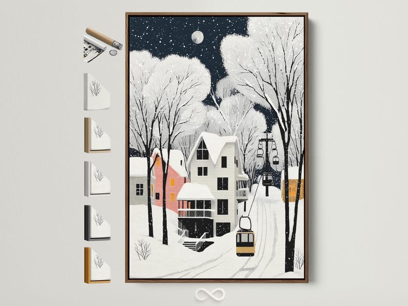 Snowy winter village at night with a full moon, bare trees, and houses with falling snow
