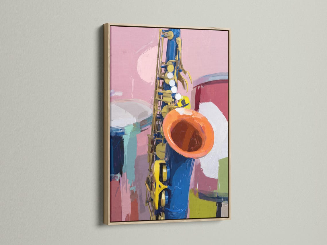 Square framed artwork mockup showing a colourful saxophone illustration on a wall