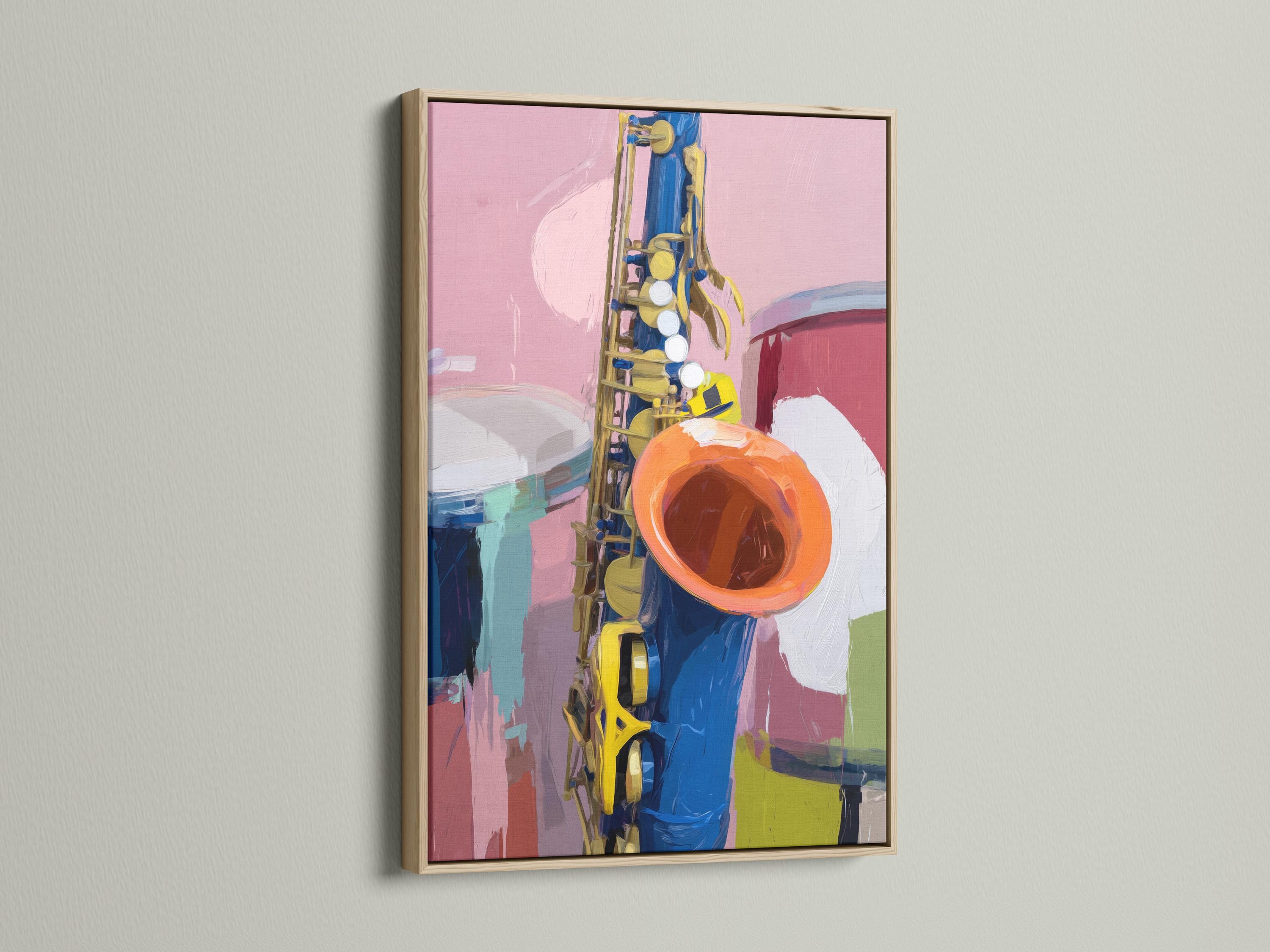 Square framed artwork mockup showing a colourful saxophone illustration on a wall