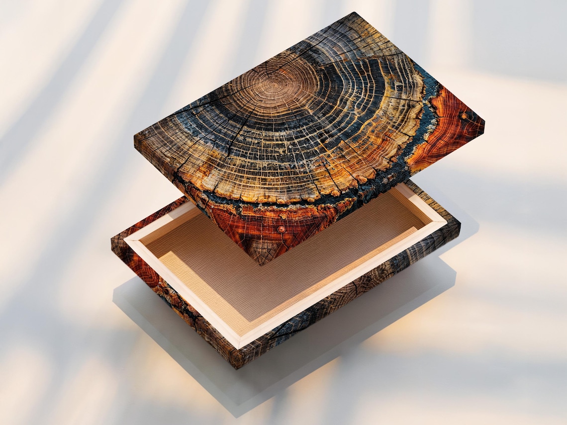 Bedroom mockup showing two framed tree ring artworks above a bed