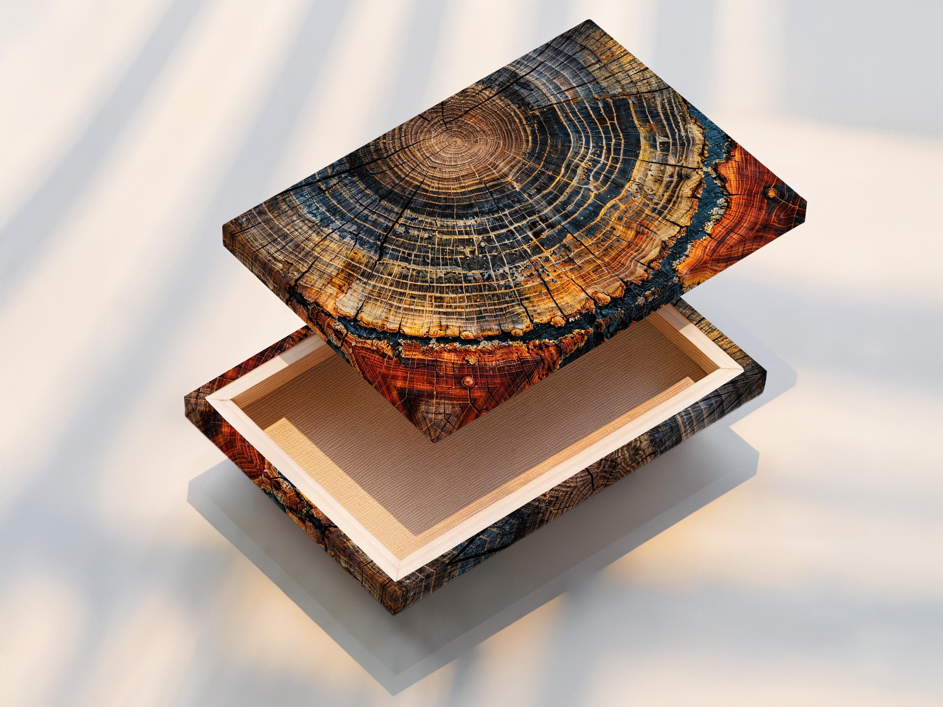 Bedroom mockup showing two framed tree ring artworks above a bed