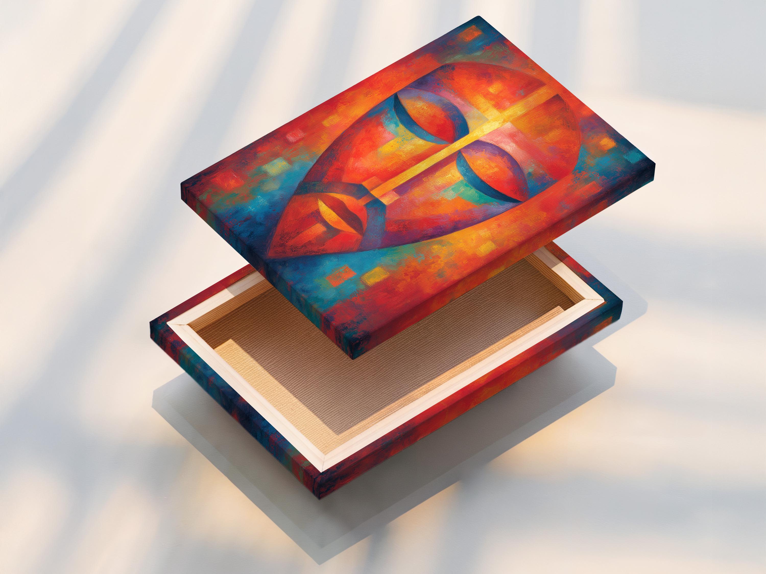 Abstract face portrait with vivid orange, teal and blue geometric shapes and a central vertical highlight detail view