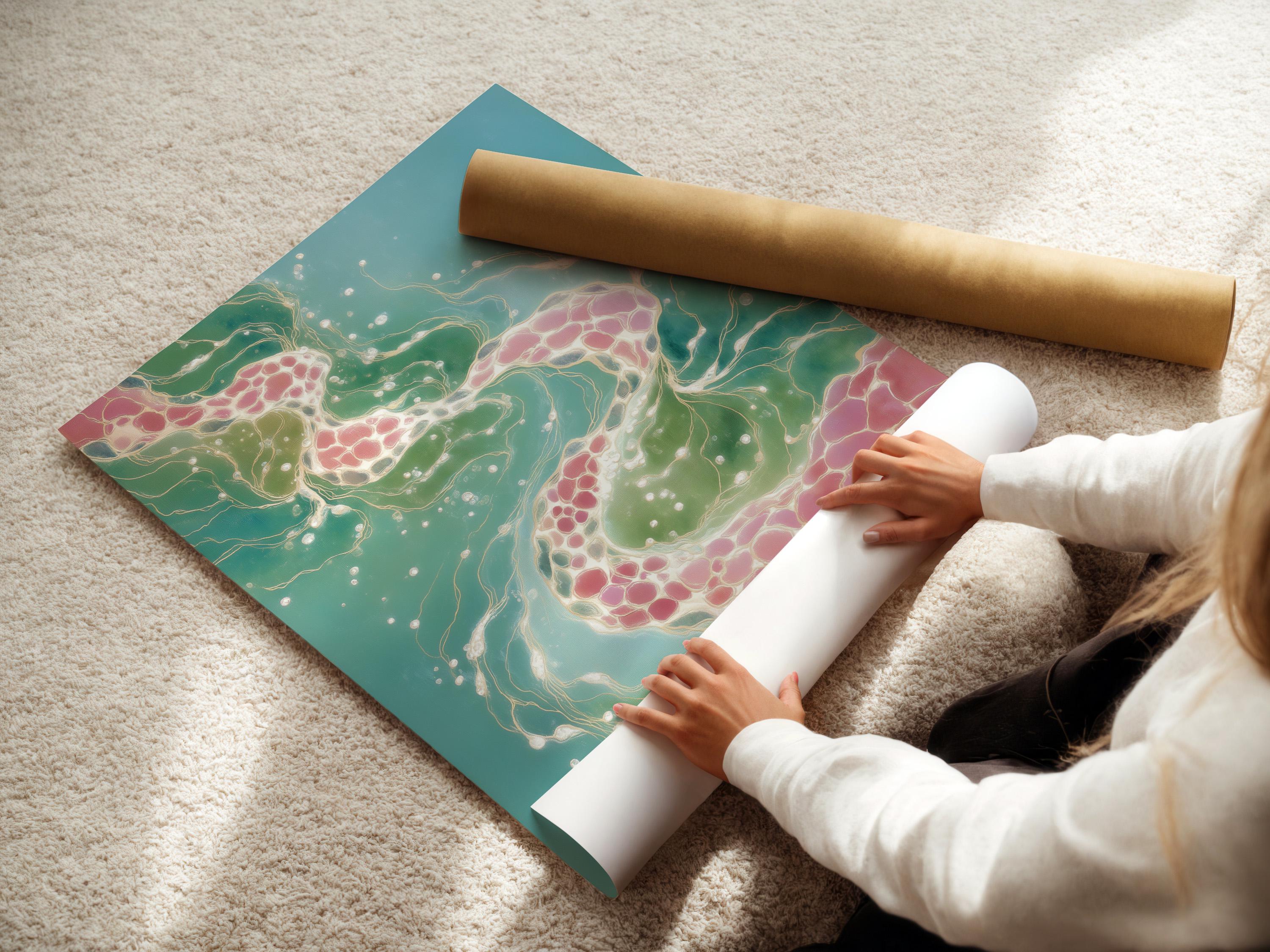 Teal abstract artwork with flowing white lines and blush pink clusters detail view