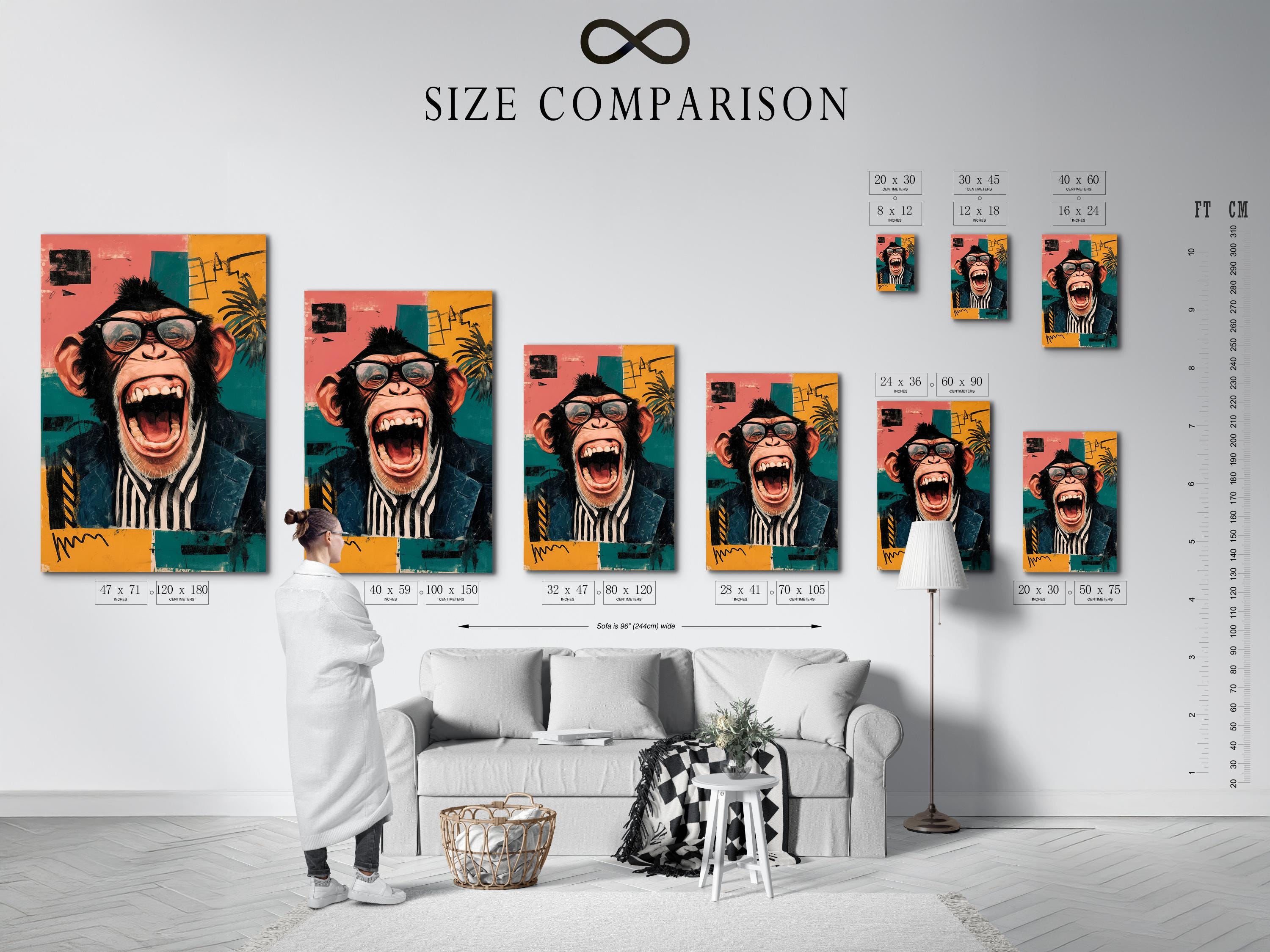 Retro chimp portrait with round glasses, shouting, set against teal and pink colour blocks detail view