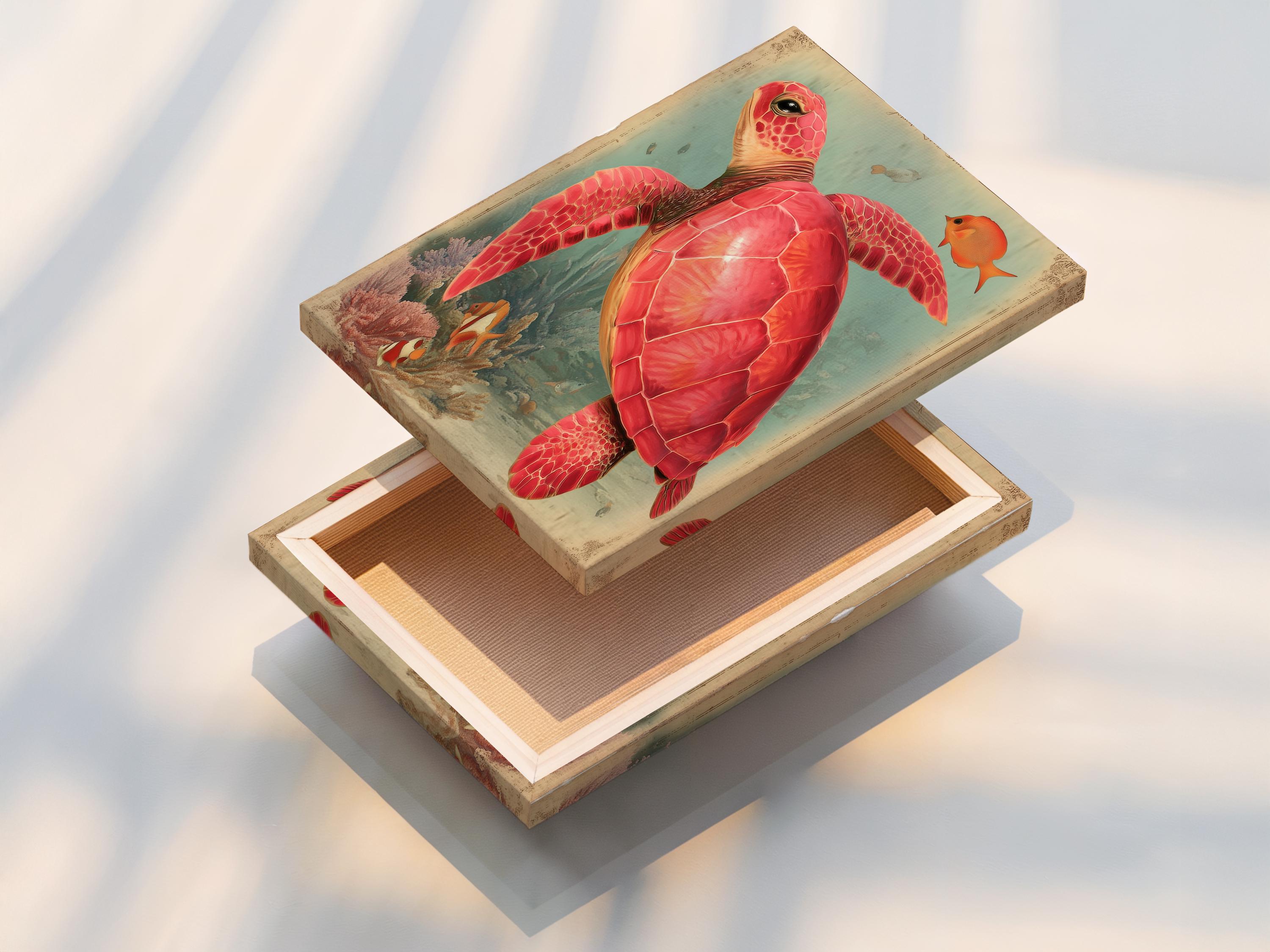Red sea turtle swimming in a vintage coral reef scene with orange fish and teal ocean water detail view