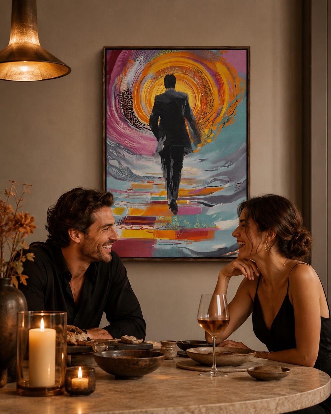Person seated in a living room with a framed abstract man silhouette artwork on the wall