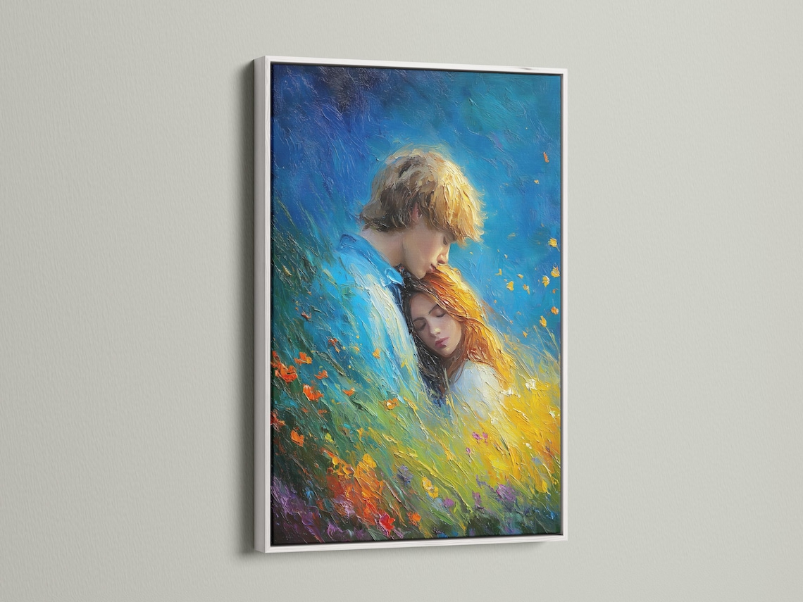 Painted romantic couple embracing in a blue field with warm yellow and gold highlights detail view
