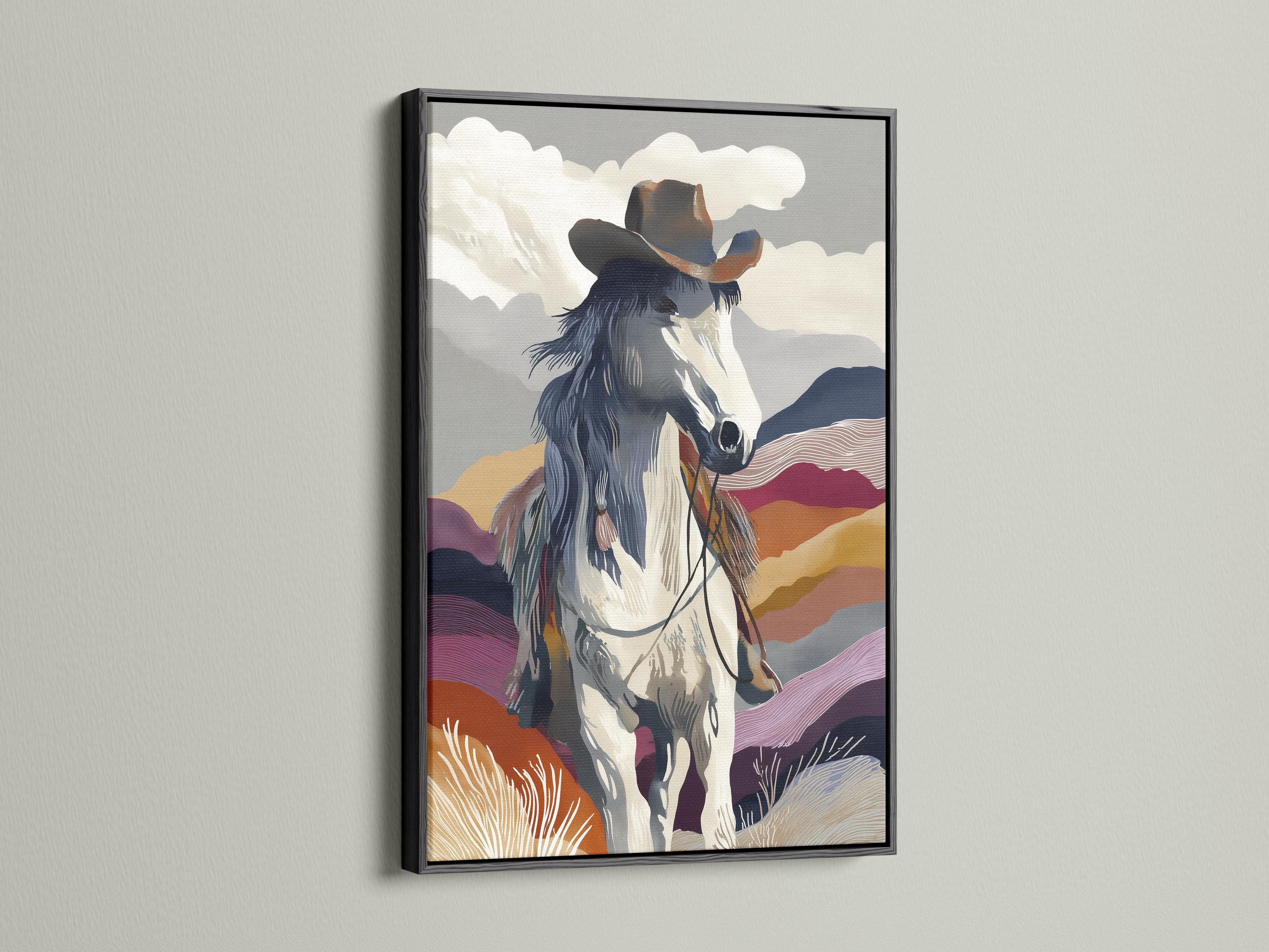 A stylised rearing horse over layered western hills and cloud shapes detail view