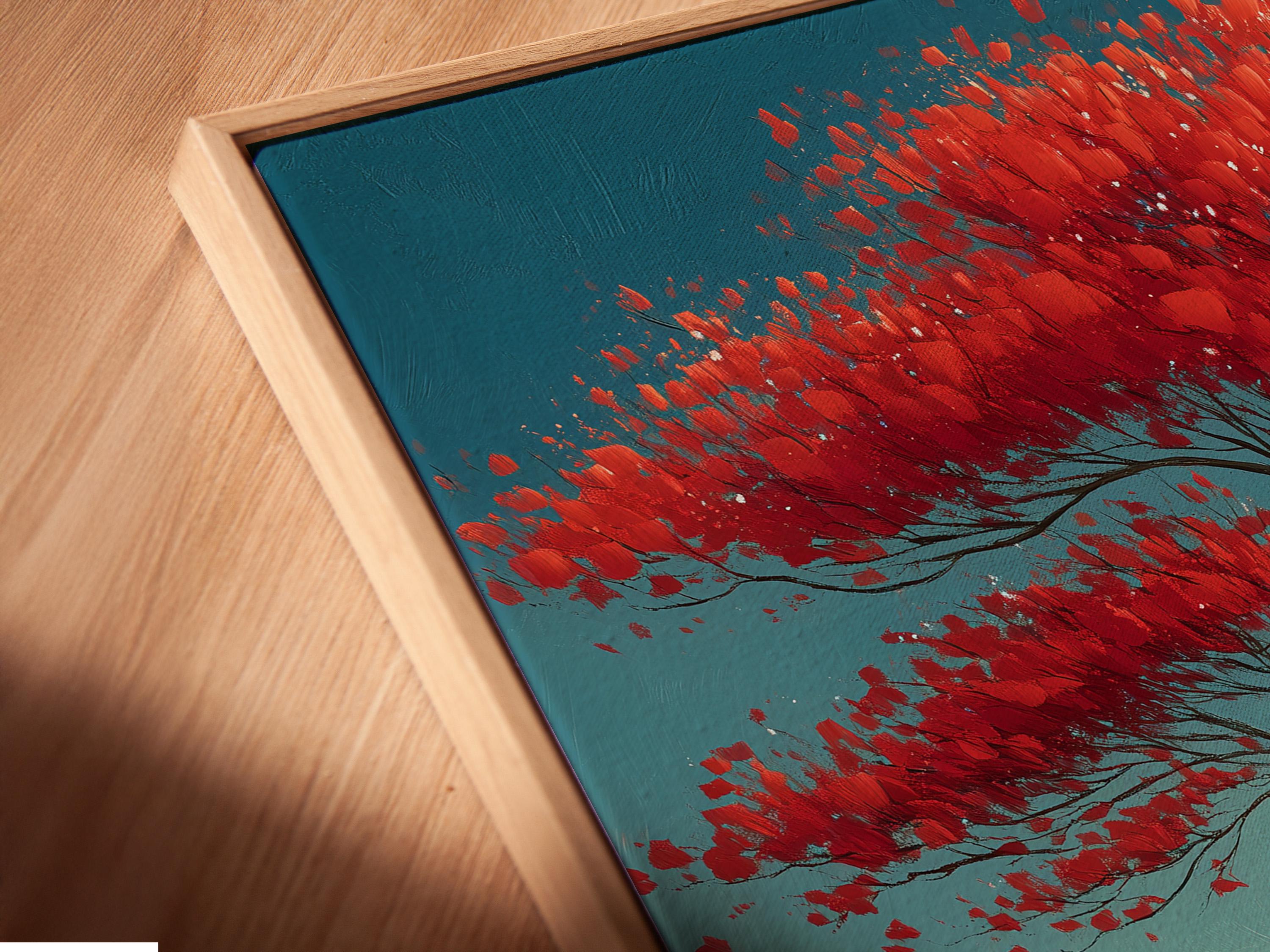 Red tree with spreading branches on a turquoise ocean beach with rocks and foamy waves detail view