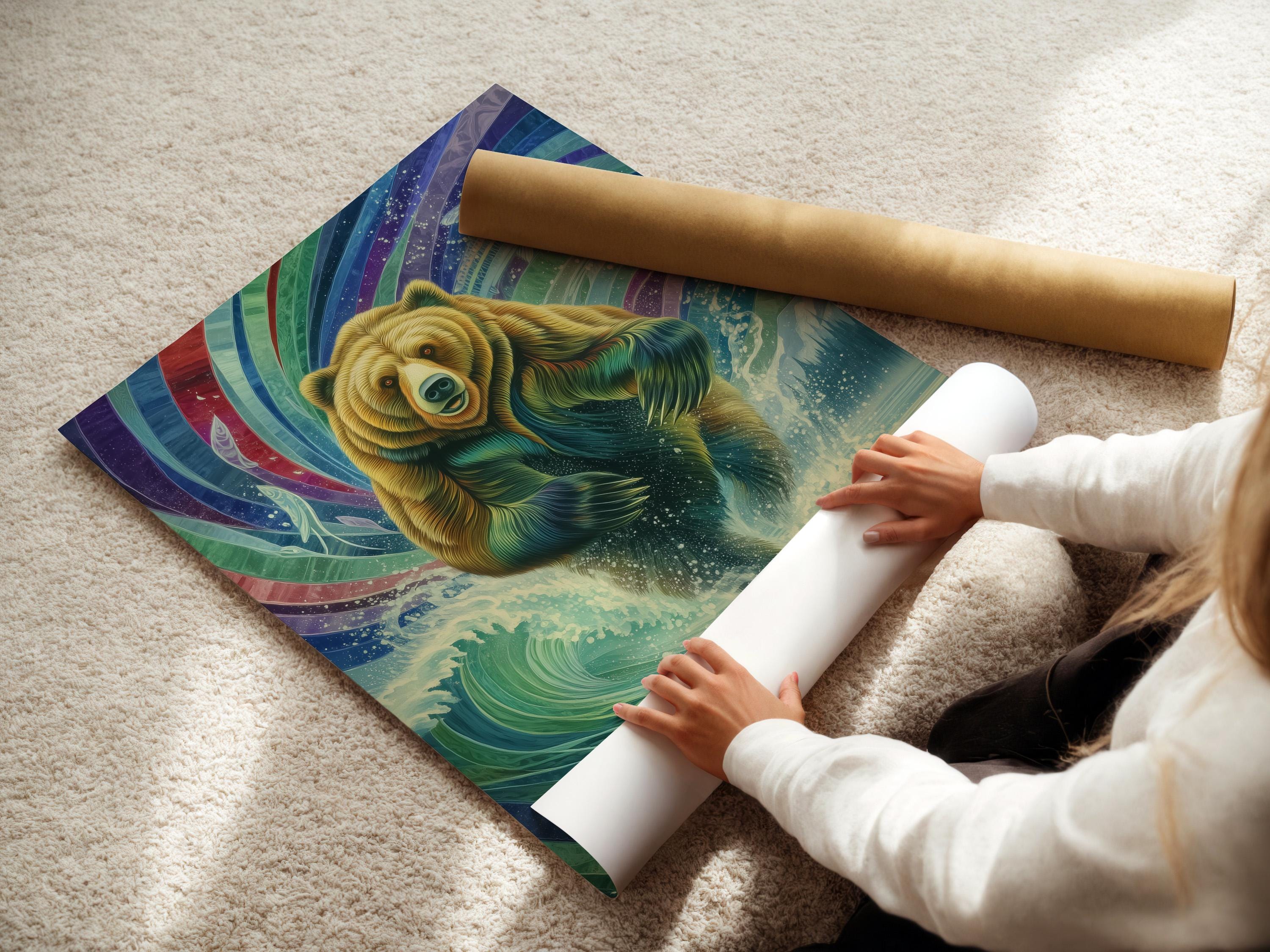 Framed artwork mockup showing a grizzly bear within colourful wave patterns and a fish