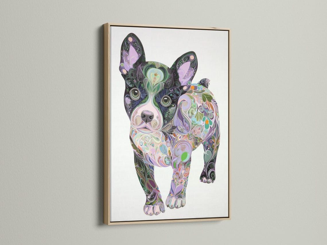 Stylised dog portrait filled with swirling floral patterns in purple, green and pink on a light background detail view