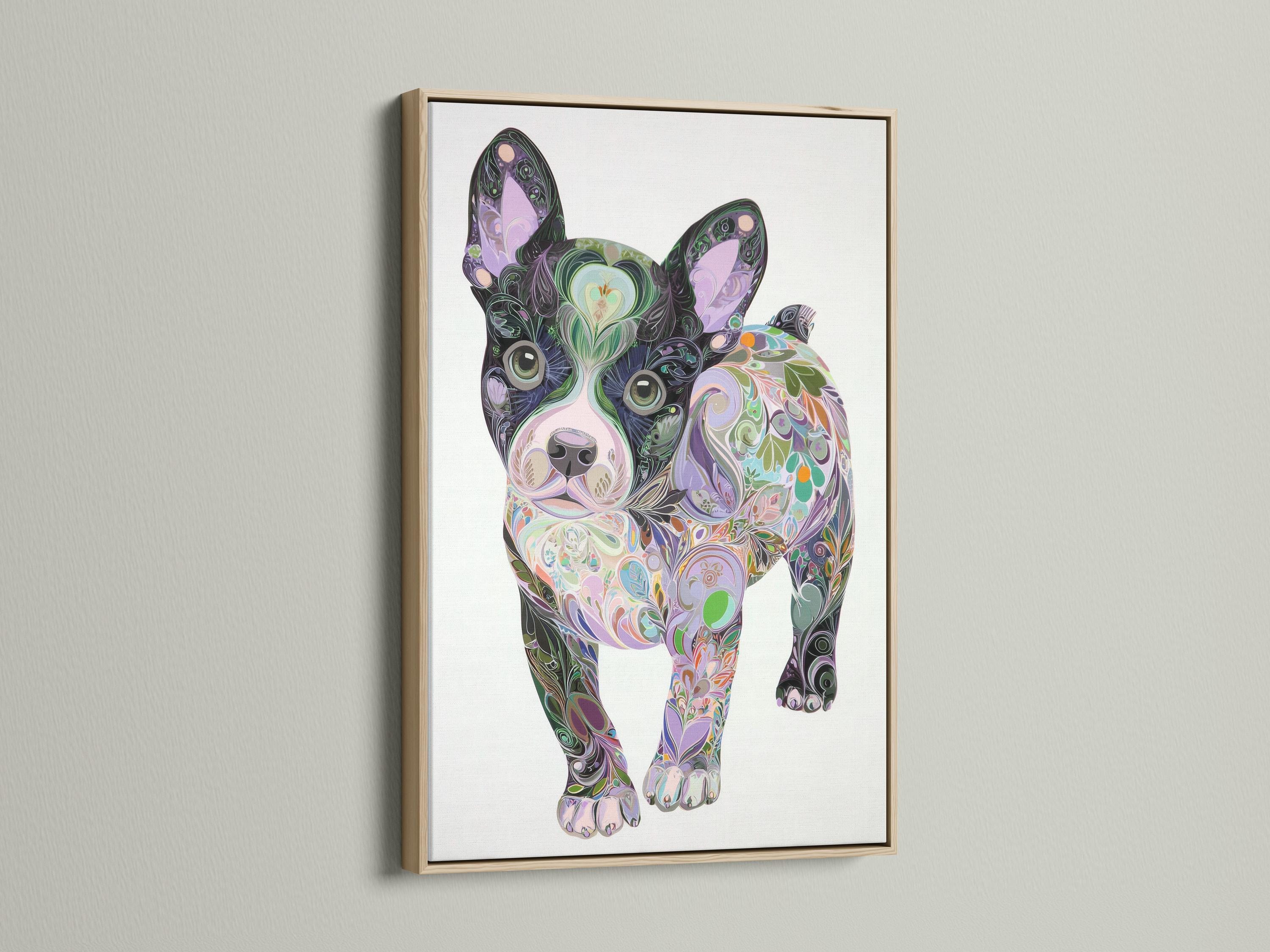Stylised dog portrait filled with swirling floral patterns in purple, green and pink on a light background detail view
