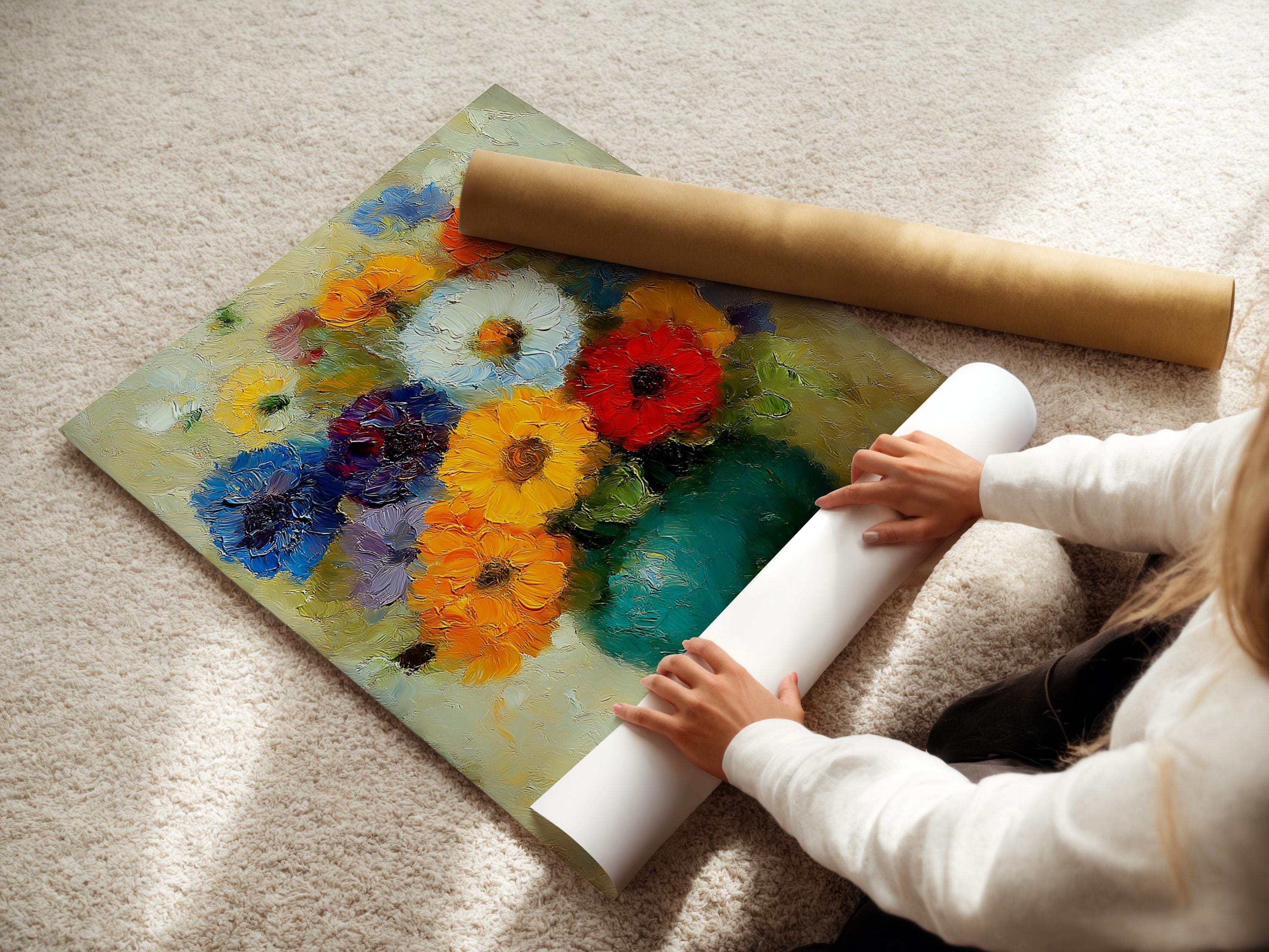 Painterly impressionist bouquet of multicoloured flowers on a creamy textured background detail view