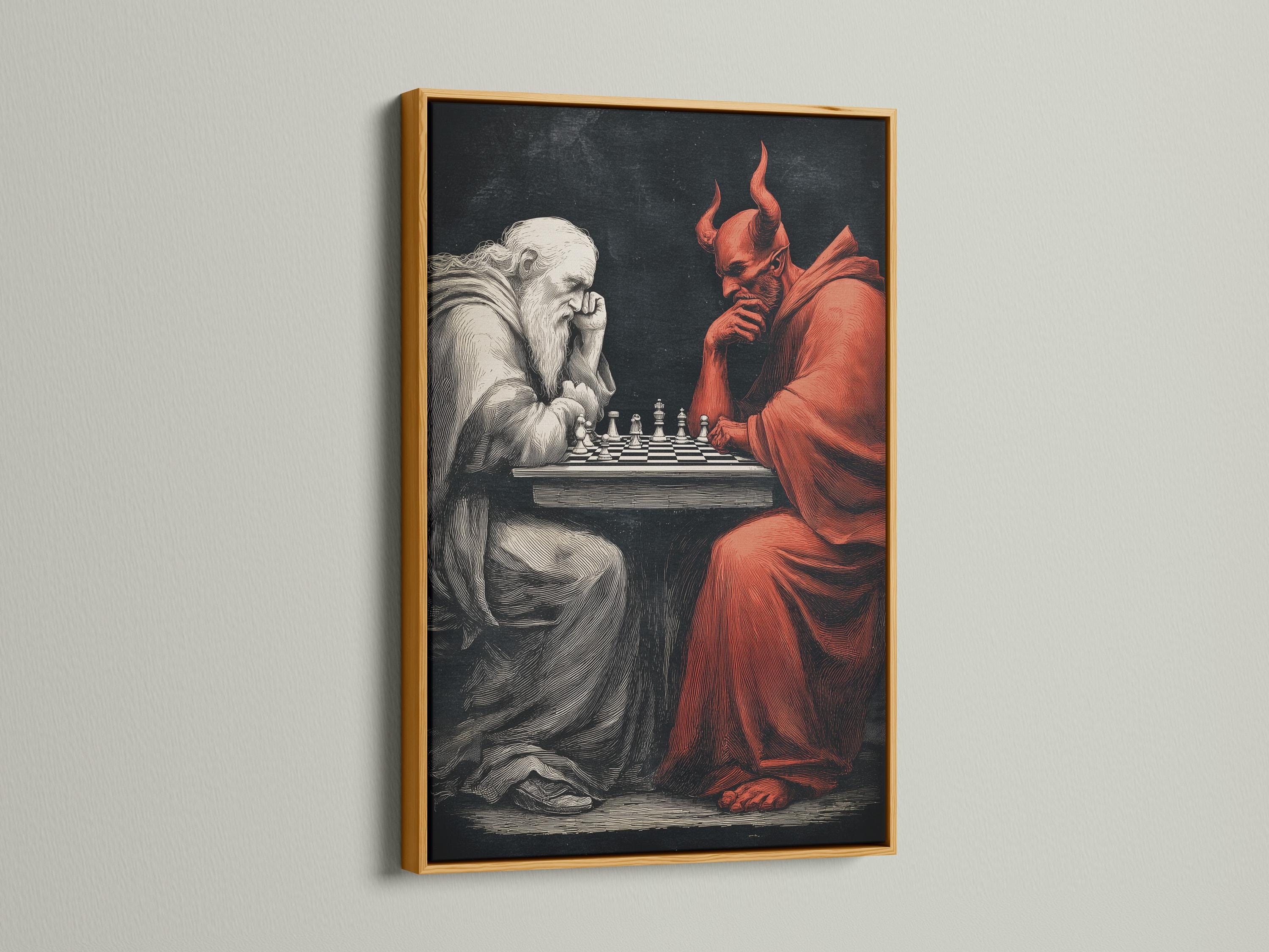 Chess duel scene with a pale angel-like figure facing a red horned devil over chess pieces detail view