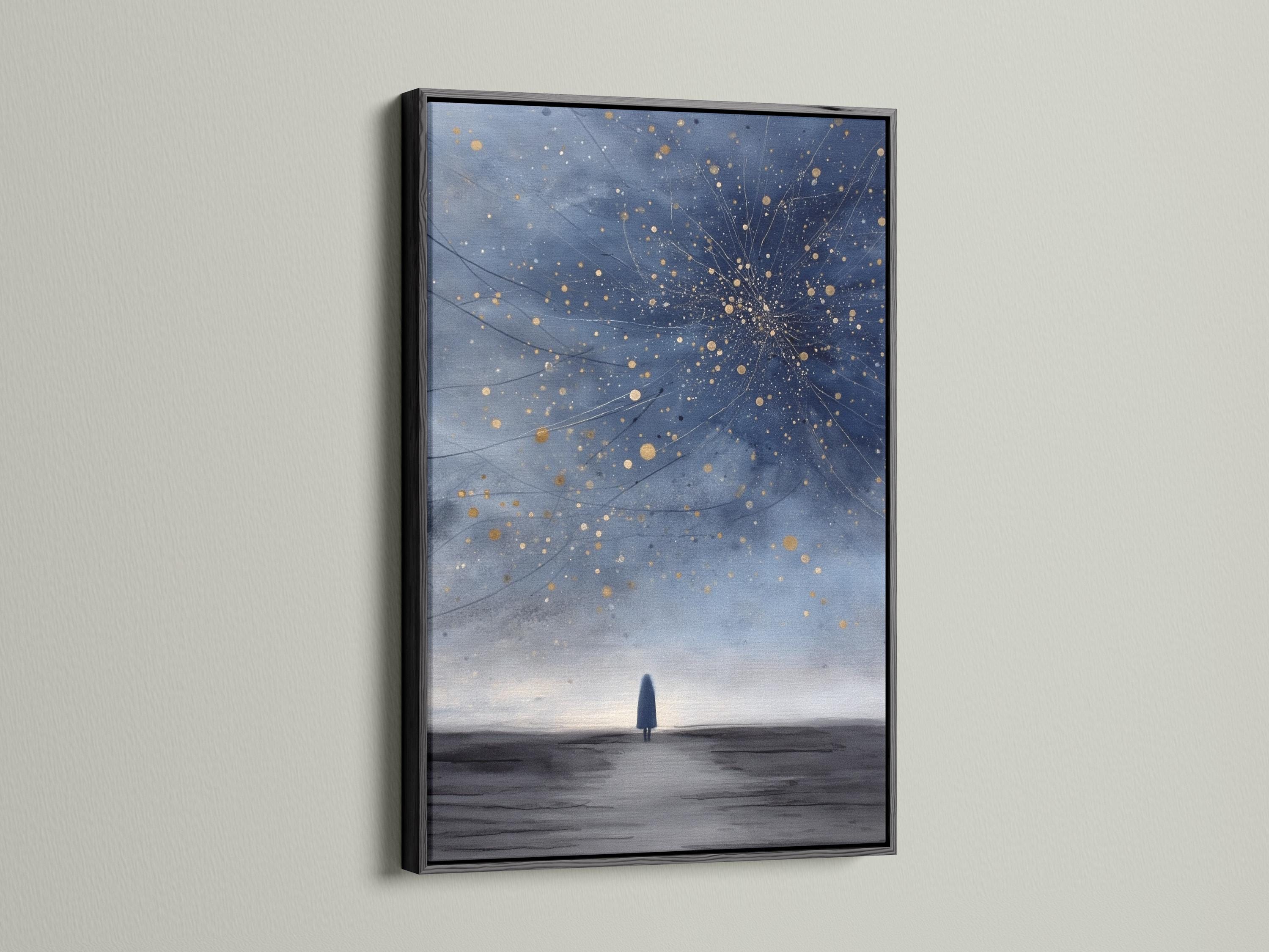 Room mockup showing framed navy blue starry night artwork with golden star dots and cosmic lines