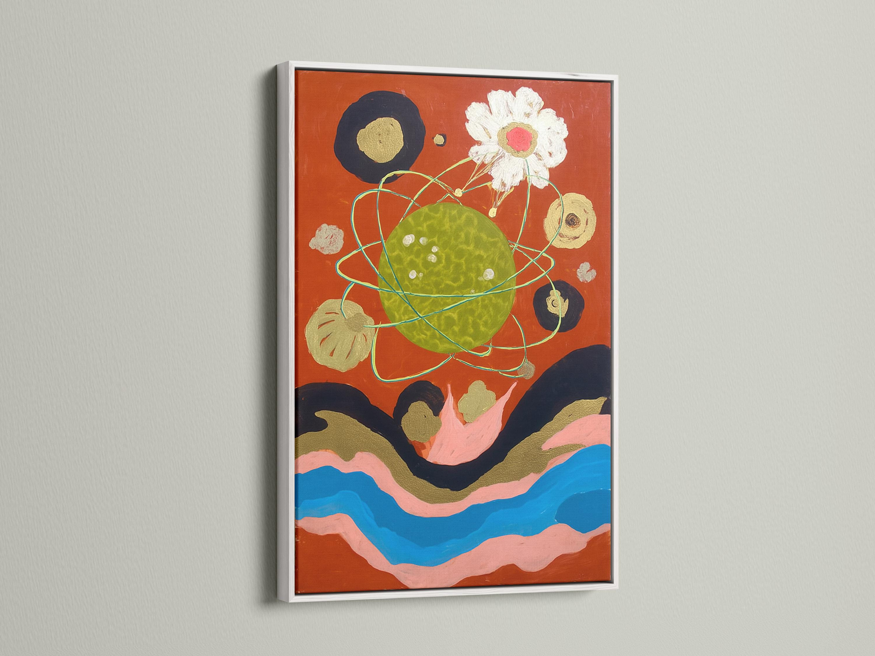 Burnt orange abstract artwork with a mottled green oval, turquoise looping lines, and a white flower with pink centre detail view
