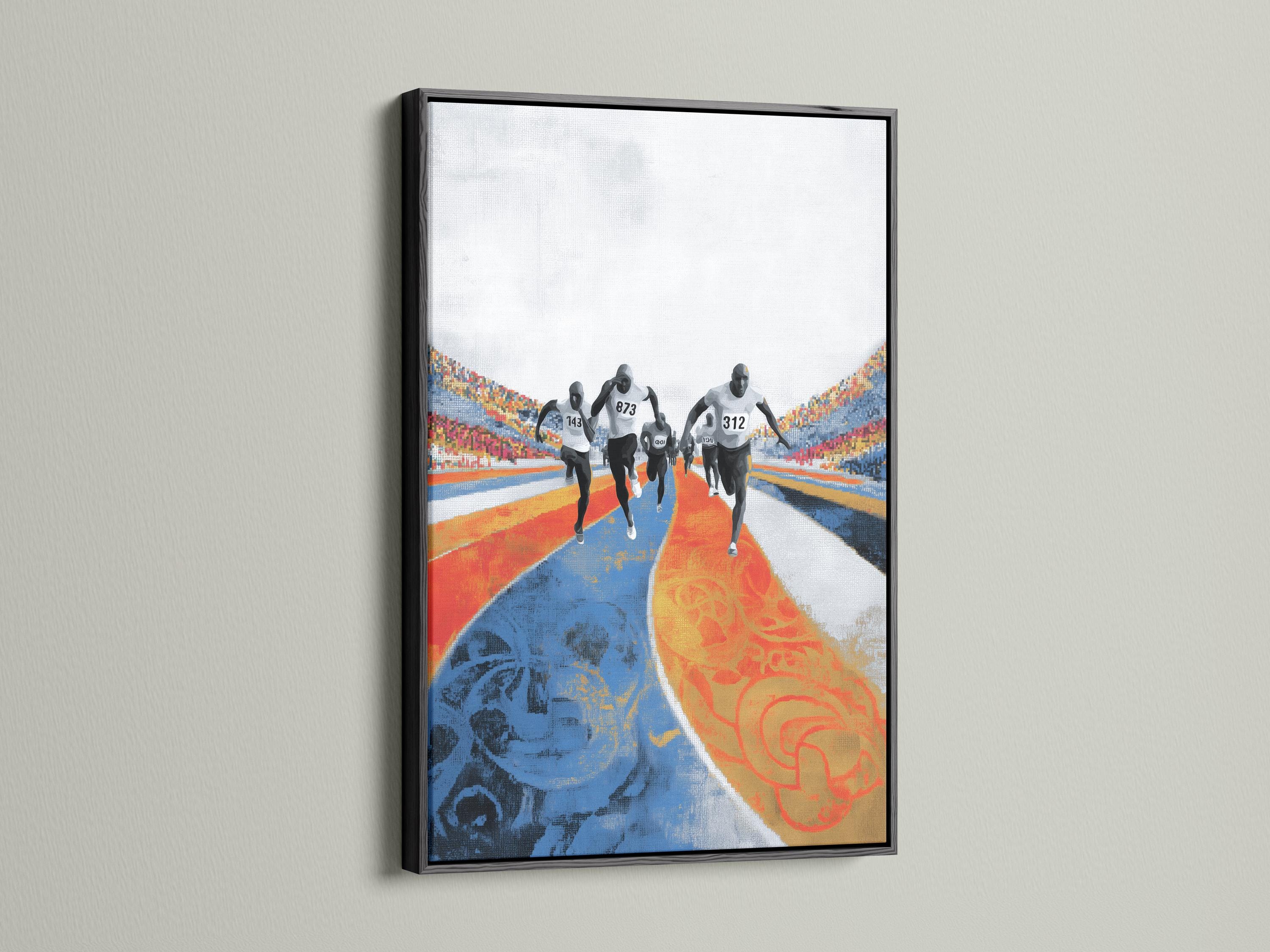 Marathon runner artwork shown in a wall mockup with frame thumbnails