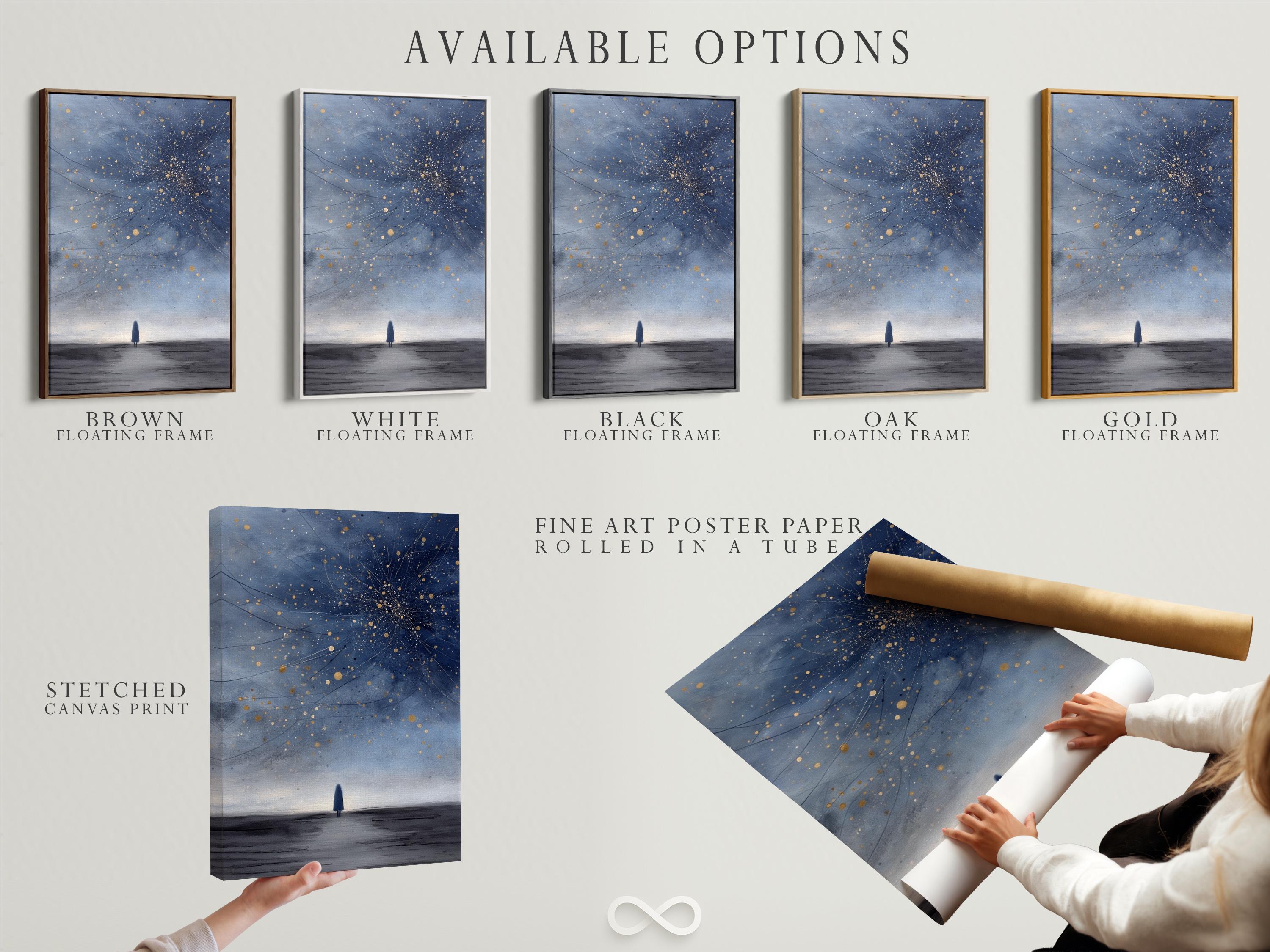 Room mockup showing framed navy blue starry night artwork with golden star dots and cosmic lines